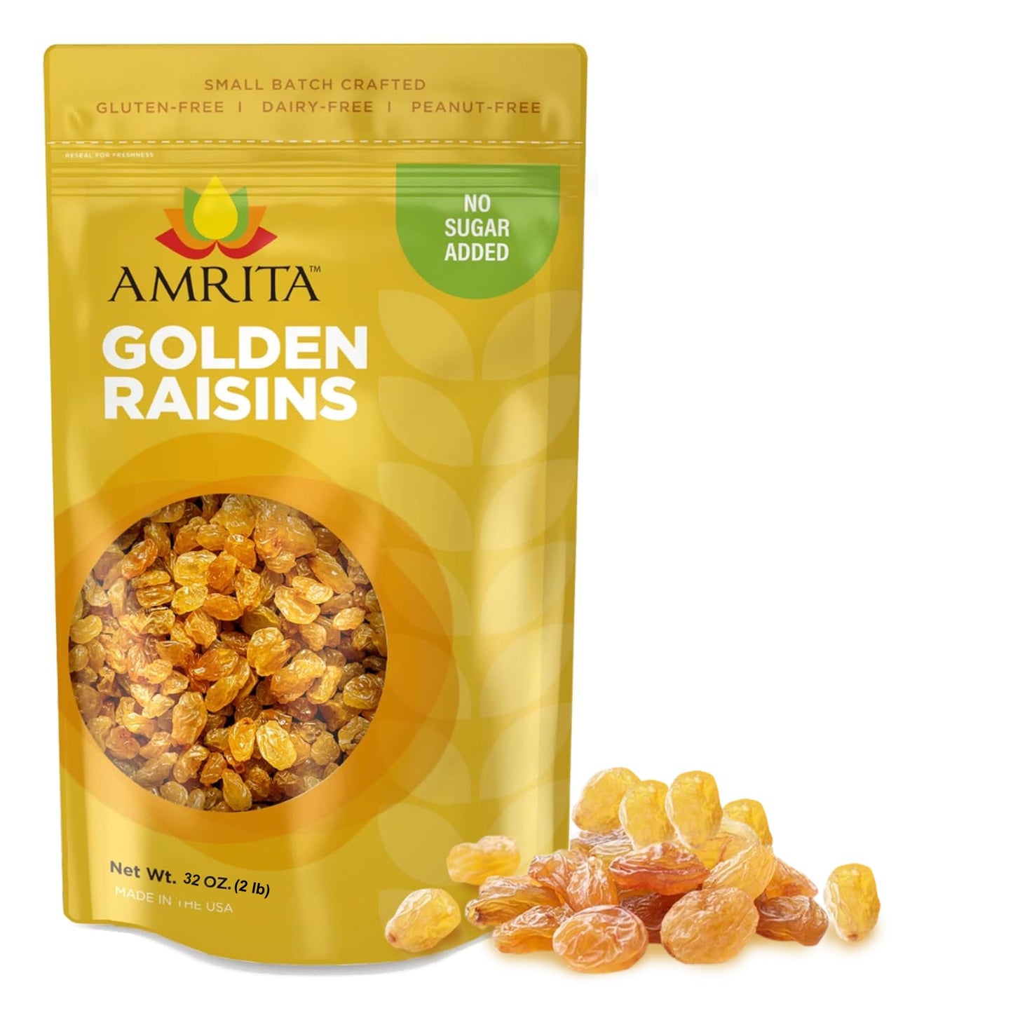 Amrita Golden Raisins - Naturally Sweet, Gluten Free Dried Sultanas - 2 lb Resealable Bag - Yellow & White Vegan Snacks