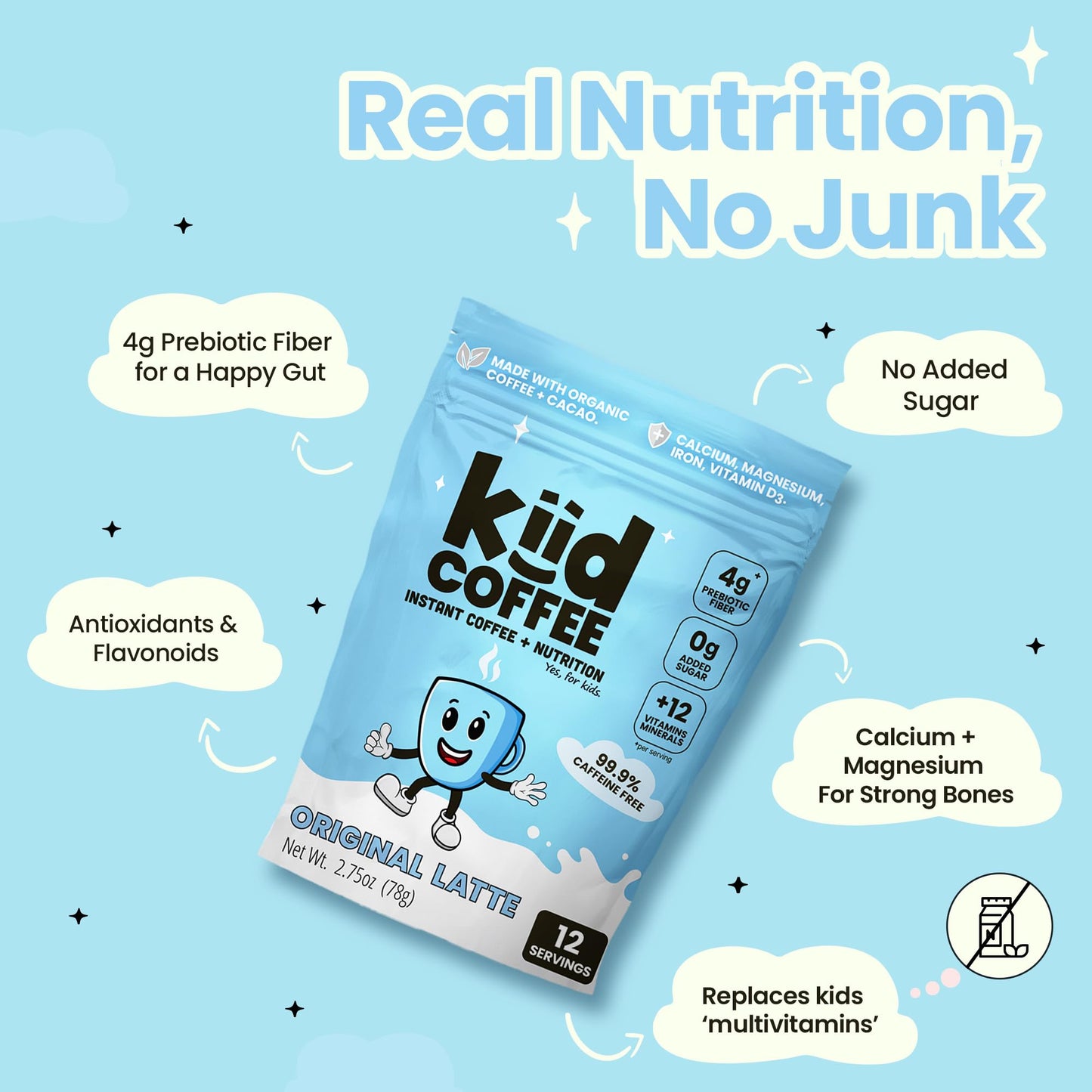Kiid Coffee - 99.9% Caffeine-Free Organic Coffee for Kids - As Seen on Shark Tank - 12 Vitamins & Minerals  4g Prebiotics  0g Sugar - Non-GMO & Gluten-Free - Healthy Snack - Original - 12 Servings