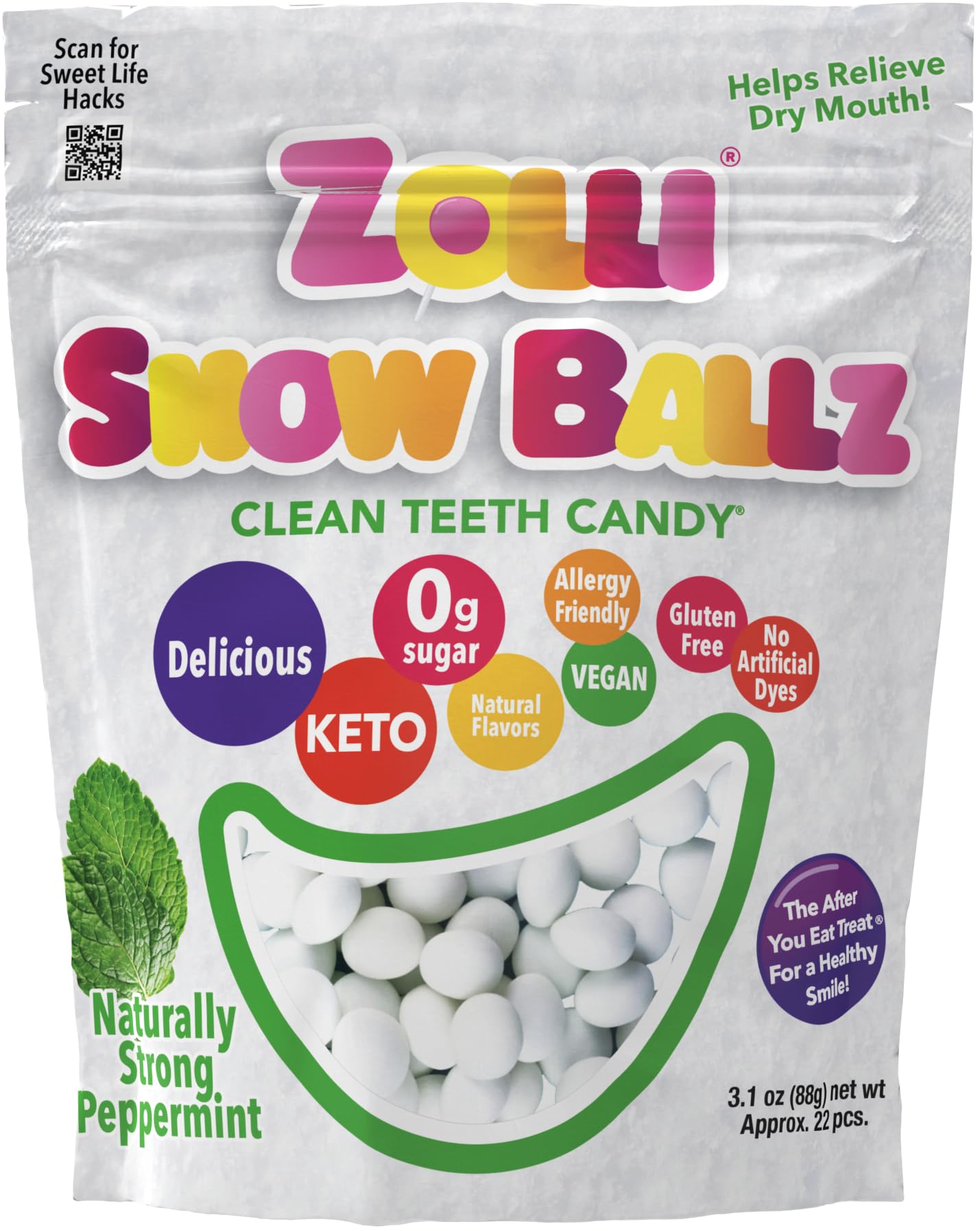 Zolli Snow Ballz Clean Teeth Candy Sugar-Free, Dye-Free, Keto & Diabetic-Friendly, Dentist-Approved Treats for Kids (Peppermint,
