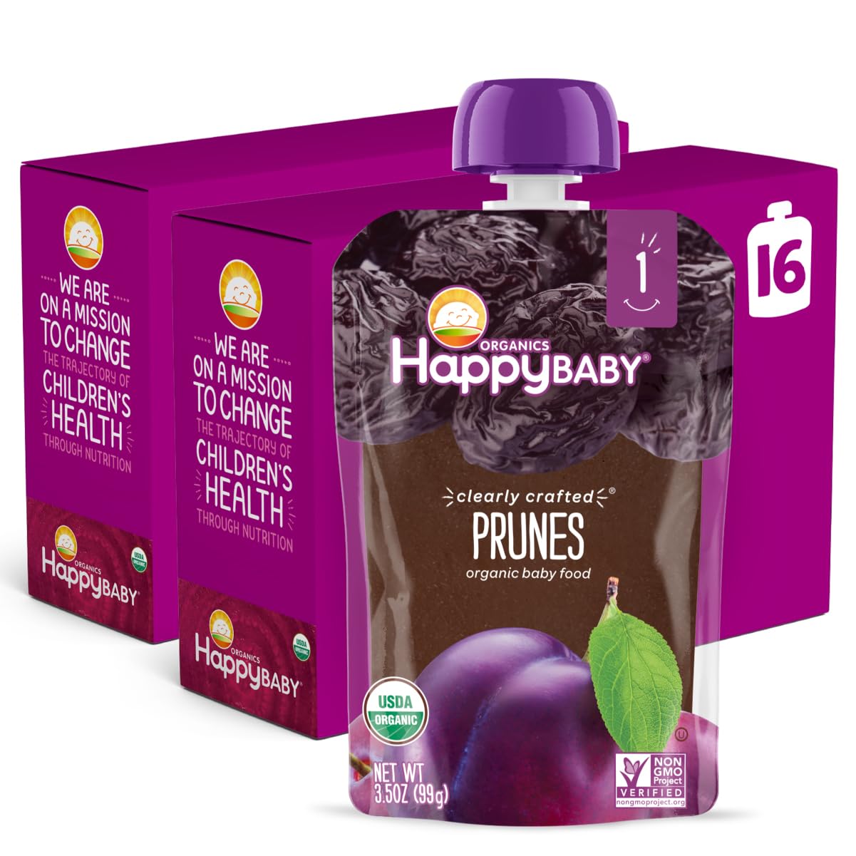 Happy Baby Clearly Crafted Organic Baby Food Stage 1, 3.5, 16 Count, Prunes, 56 Oz (Pack Of 16)