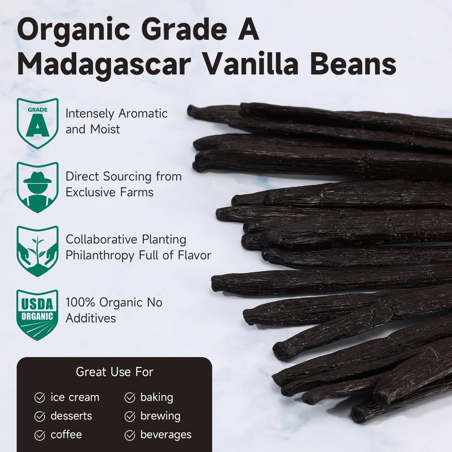 SPICEEL Organic Madagascar Vanilla Beans, Grade A Pods, Gluten Free, Non-GMO, Kosher, 6 Count