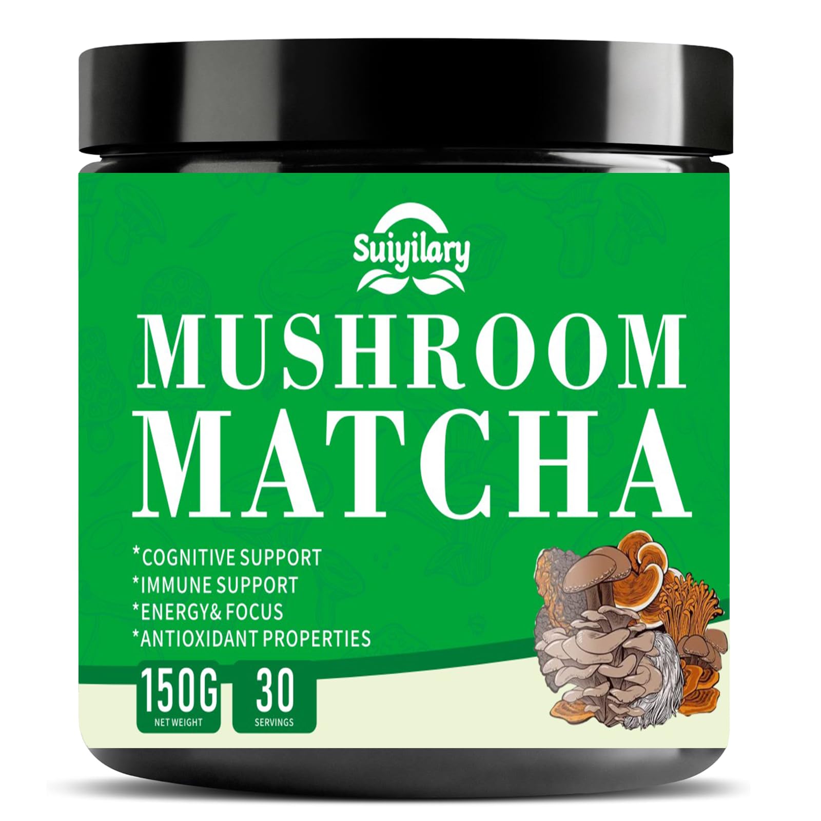 Suiyilary Mushroom Matcha  Ceremonial Matcha Tea Powder With 7 Superfood Mushrooms  Gluten Free  Taste Great Hot Or Cold Matcha Latter - 150G 30 Serving