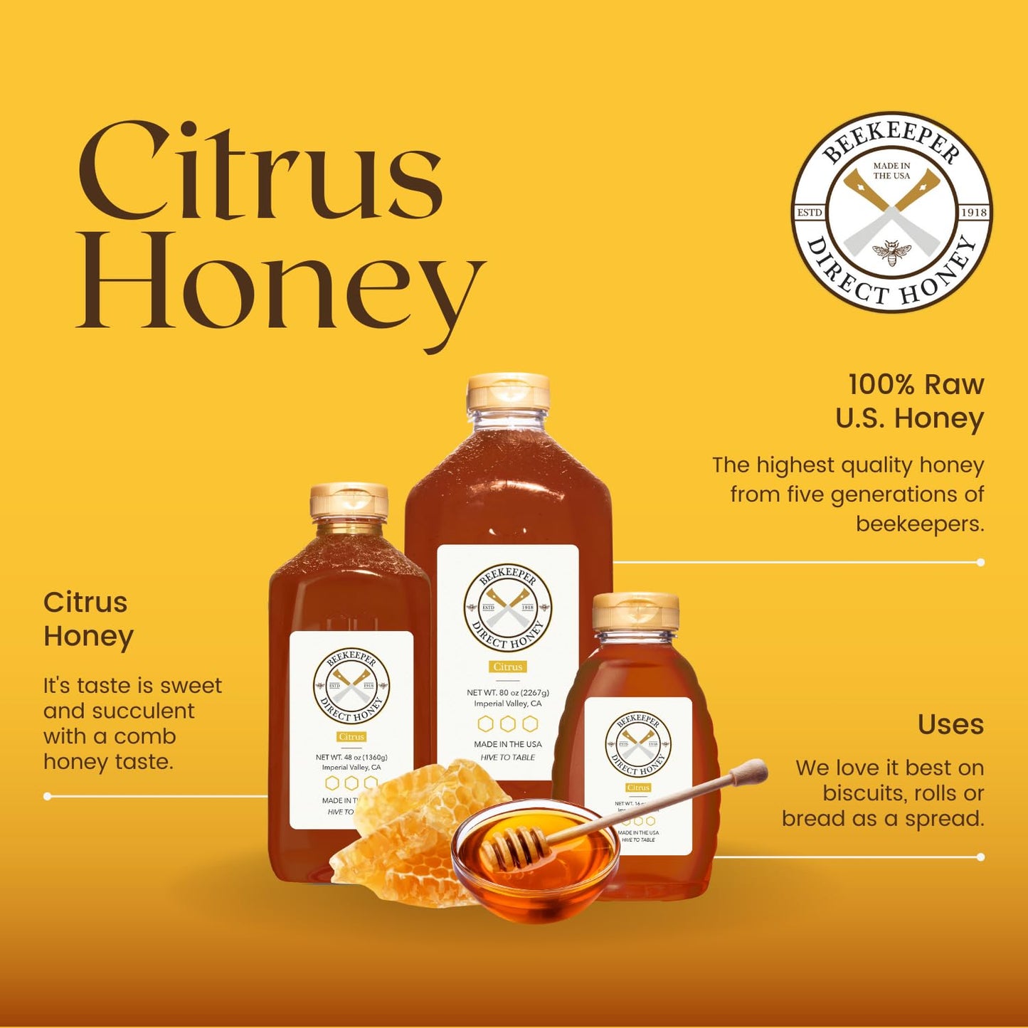 Beekeeper Direct Raw Unfiltered Citrus Honey - All Natural Non-GMO - 48 Fl Oz Squeeze Bottle