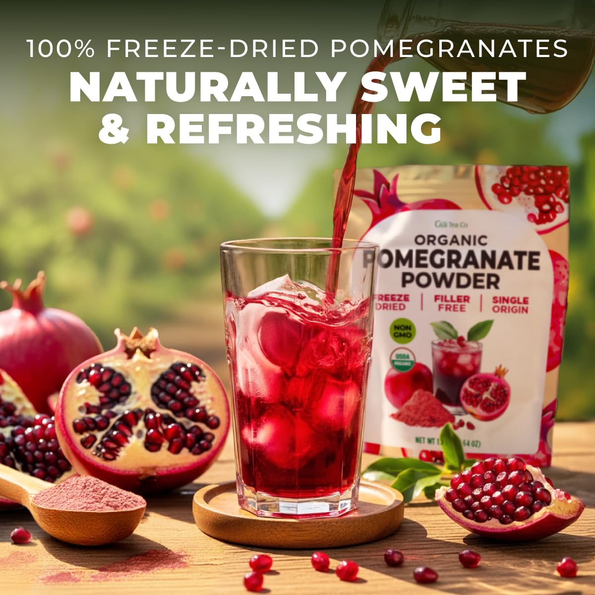 Gya Tea Co Pomegranate Powder 1.1lb (17.64 Oz) - 100% USDA Organic Freeze-Dried Whole Fruit - Antioxidant Rich Superfood for Drinks & More - Immunity & Energy Boost - Non-GMO  Gluten-Free  Sugar-Free