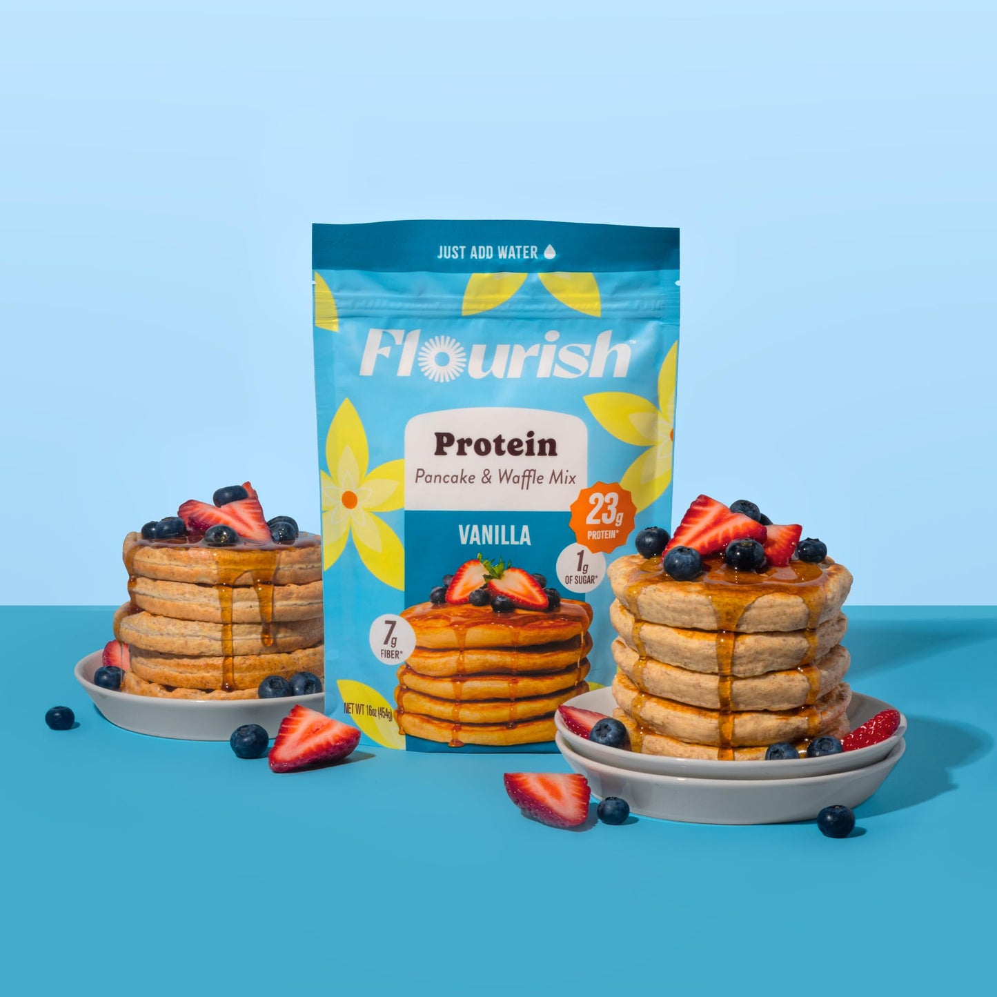 Flourish Protein Pancake & Waffle Mix, High Protein & Fiber, No Added Sugar, Vanilla Flavour, 430g (2 Pack) - Made in Canada