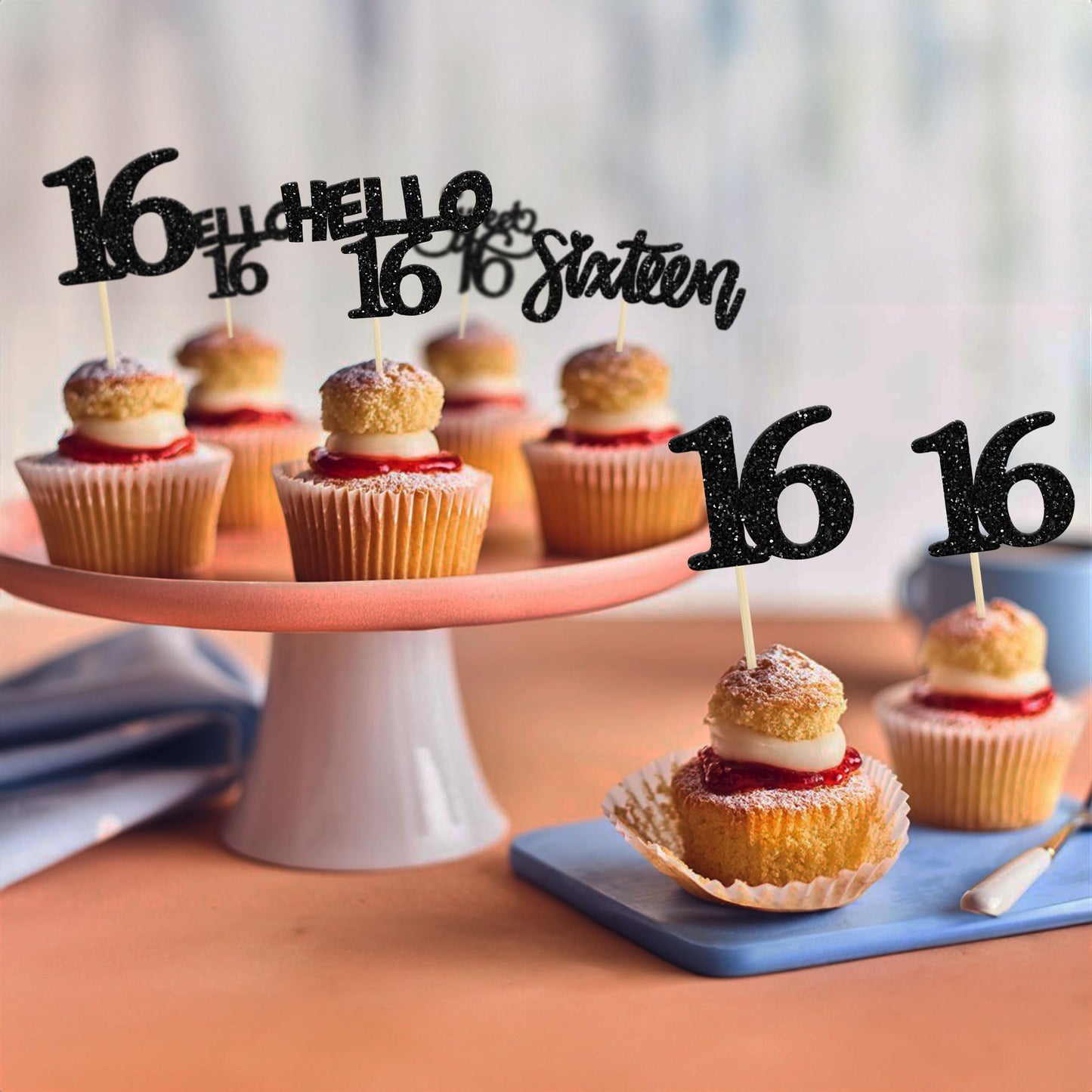 Gyufise 24Pcs Black Glitter 16Th Birthday Cupcake Toppers Sweet 16 Cake Toppers Hello 16 Sixteen Cupcake Picks For 16Th Birthday