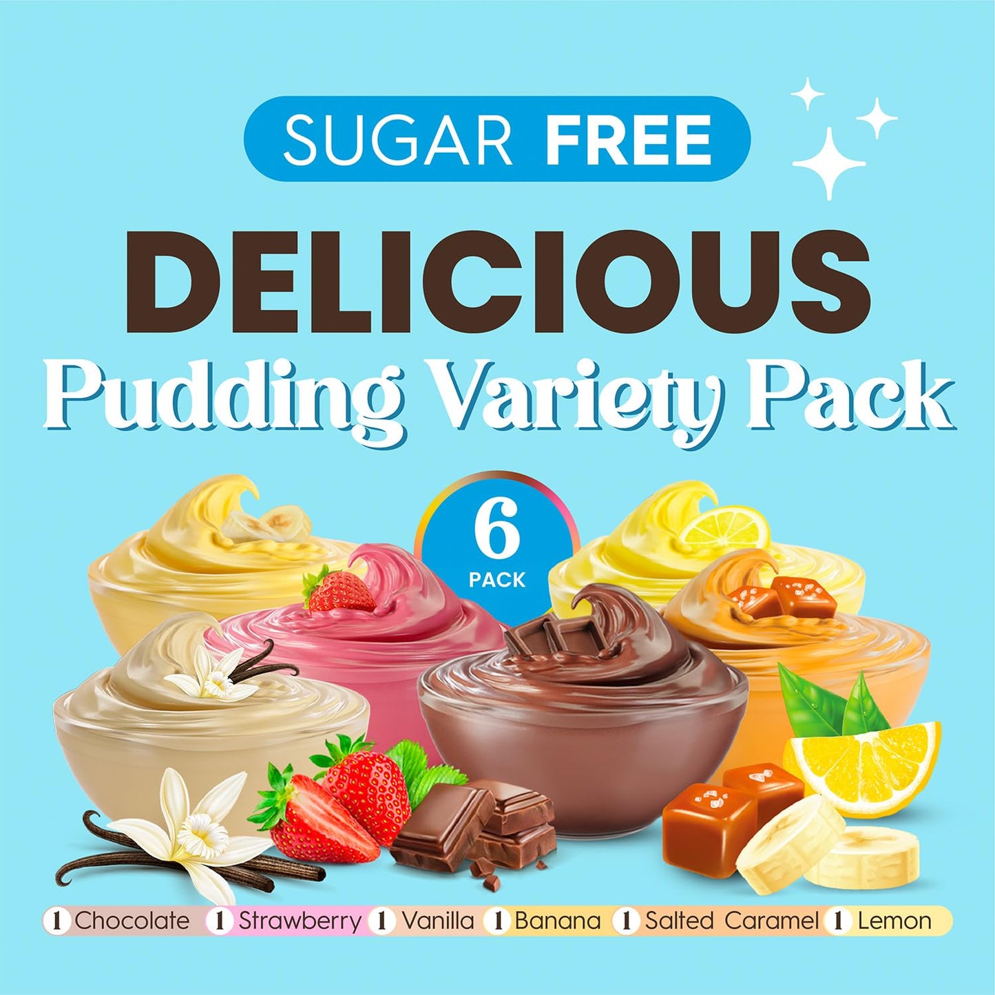 Simply Desserts Strawberry  Chocolate  Vanilla  Banana  Salted Caramel  Lemon Instant Pudding  Sugar-Free  Variety 6-Pack - Healthy Dessert  Keto Snacks  Vegan & Diabetic-Friendly  Kosher  1.7 Oz Ea