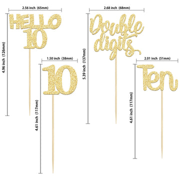 Gyufise 24Pcs Gold Glitter 10Th Birthday Cupcake Toppers Double Digits Cupcake Toppers Hello 10 Ten Cupcake Picks For 10Th Birth