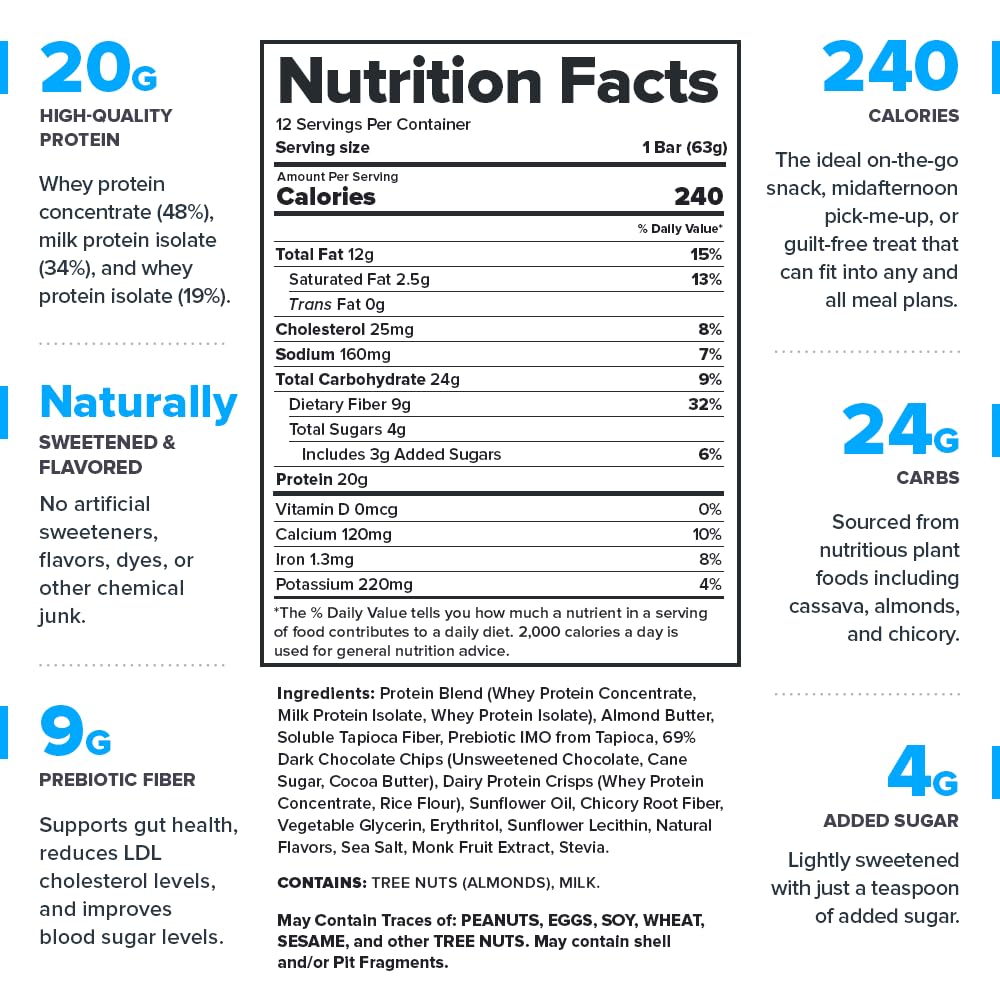 Legion Chocolate Chip Cookie Dough Protein Bar - 100% Whey Protein Bars Low Sugar High Protein With Prebiotic Fiber - Soy-Free, Gluten Free, Naturally Flavored, Low Fat, High Protein Bars (12 Count)