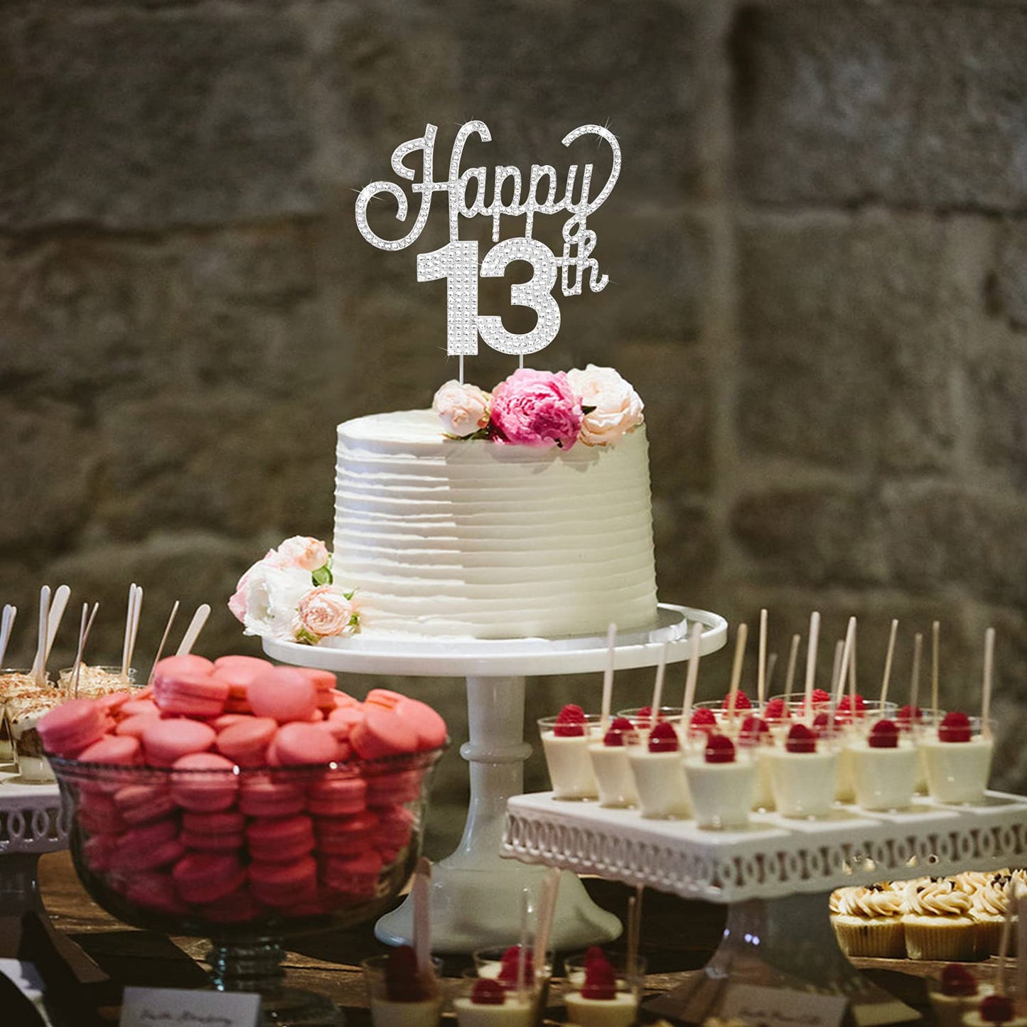 Lingteer Happy 13Th Birthday Silver Rhinestone Cake Topper - Cheers To 13Th Birthday Thirteen Years Old Party Cake Centerpieces