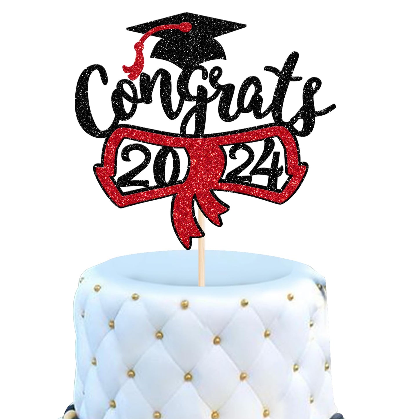 YCTHUNFISH Cake Topper Glitter Diploma Graduation Cap Decoration for Class of 2025, Red, Paper, 1 Pack