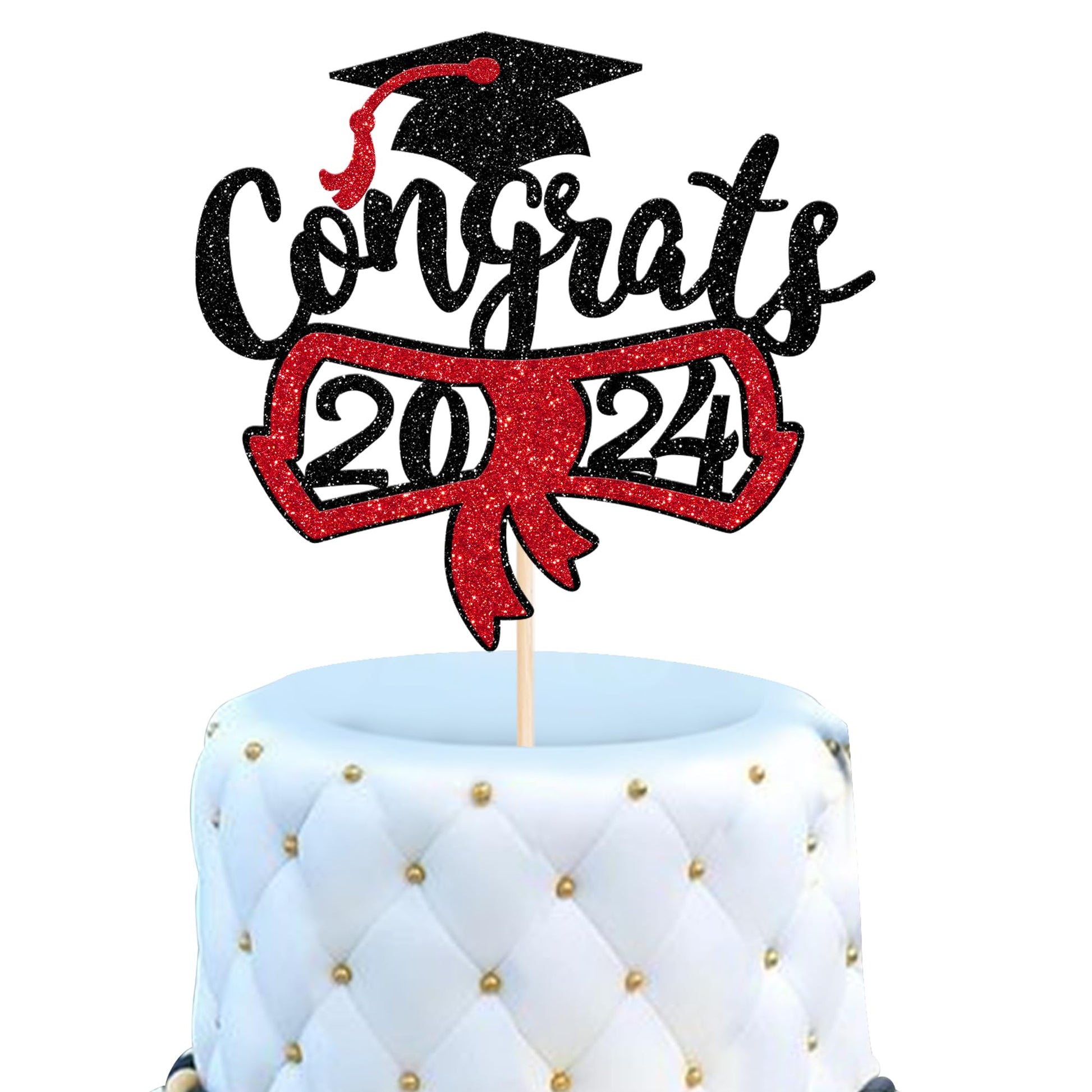 YCTHUNFISH Cake Topper Glitter Diploma Graduation Cap Decoration for Class of 2025, Red, Paper, 1 Pack