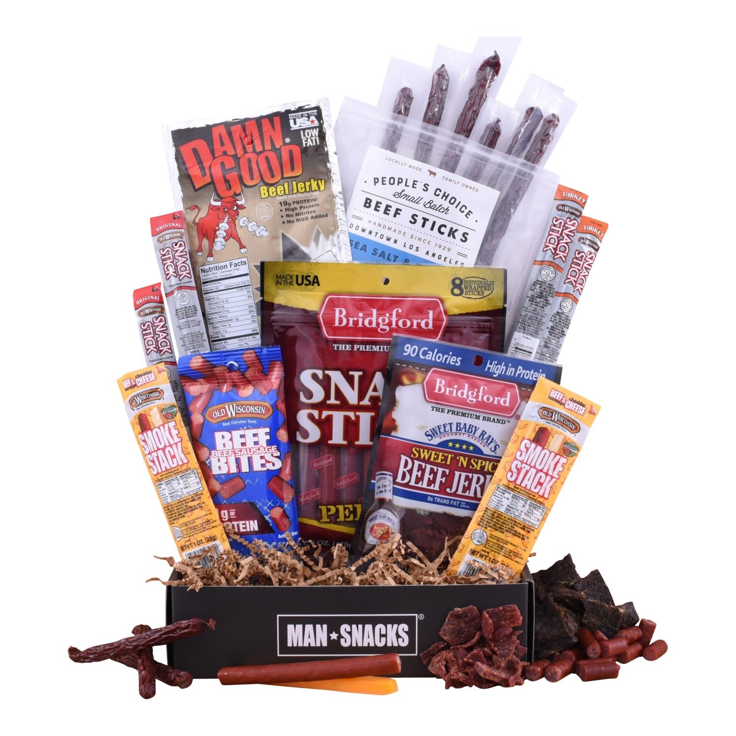 Mansnacks Jerky Gift Basket For Men - 29 Pc - Large Variety Of Beef Jerky, Jerky Bites, Beef Sticks, Pepperoni Sticks, Turkey St