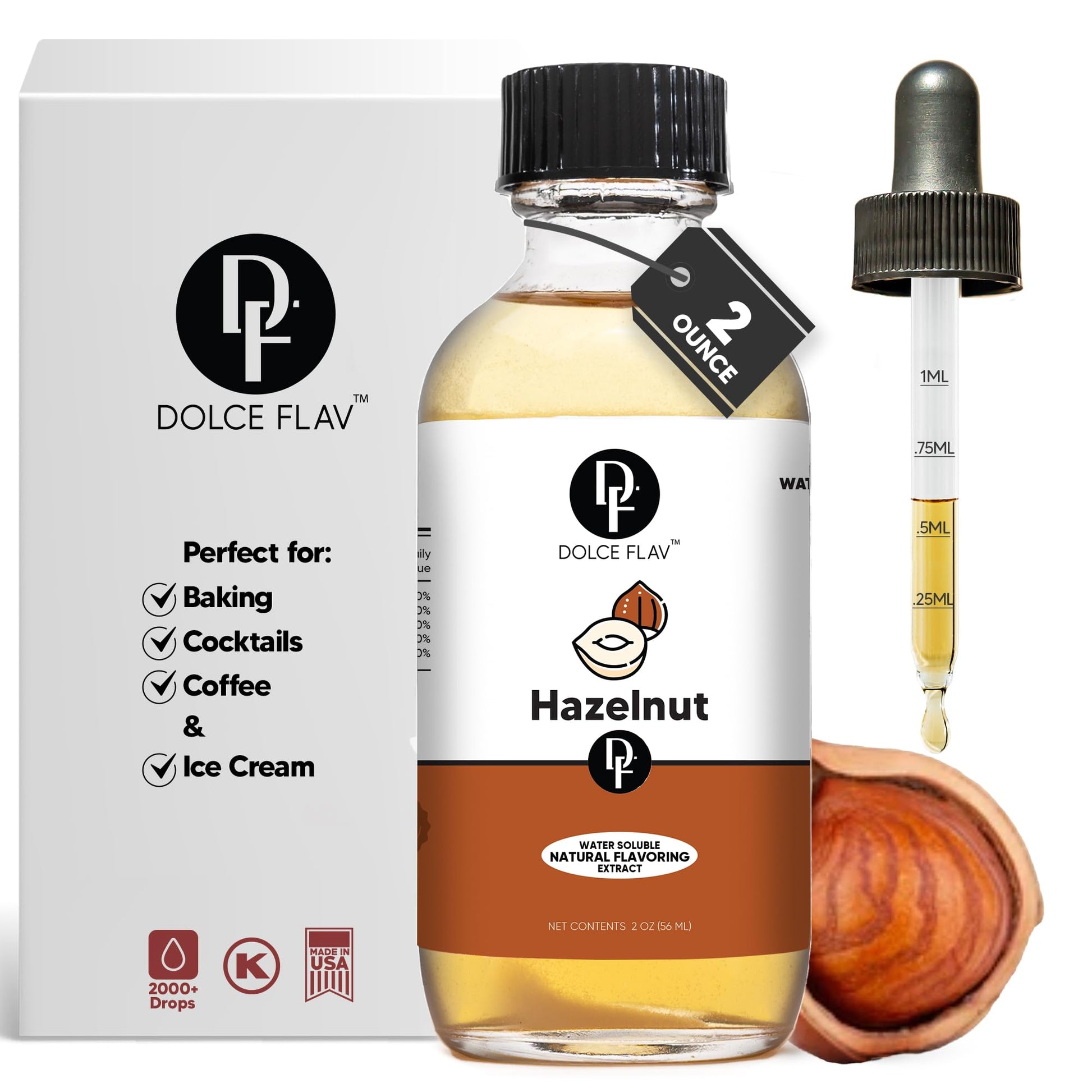 Dolce Flav Hazelnut Extract - Water-Soluble, Sugar-Free Flavoring for Coffee & Baking - 2 Oz.
