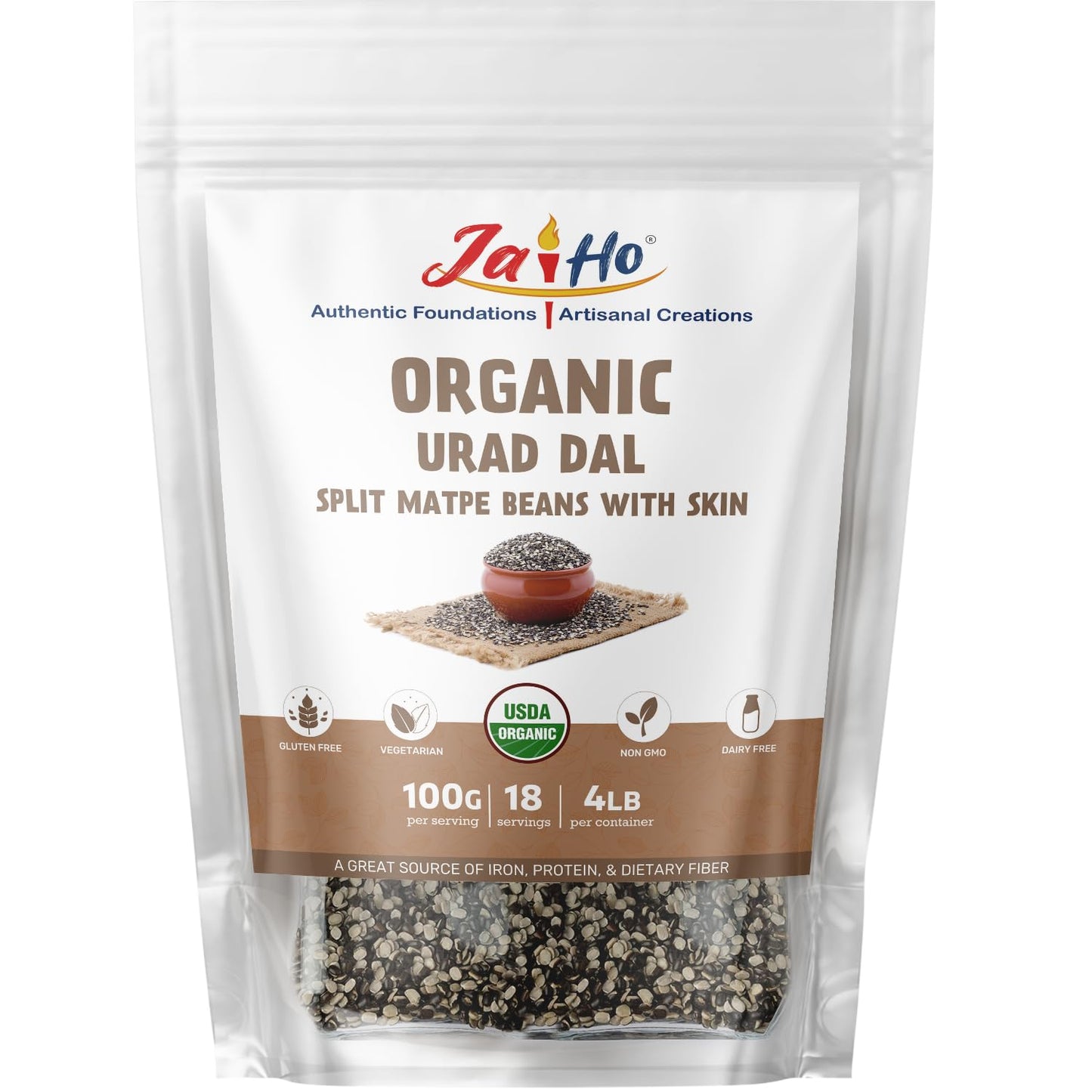 Jai Ho Certified Organic Urad Dal with Skin (Split Matpe Beans) 4 Lb - USDA Organic | Non-GMO | Chemical-Free | Premium Quality 