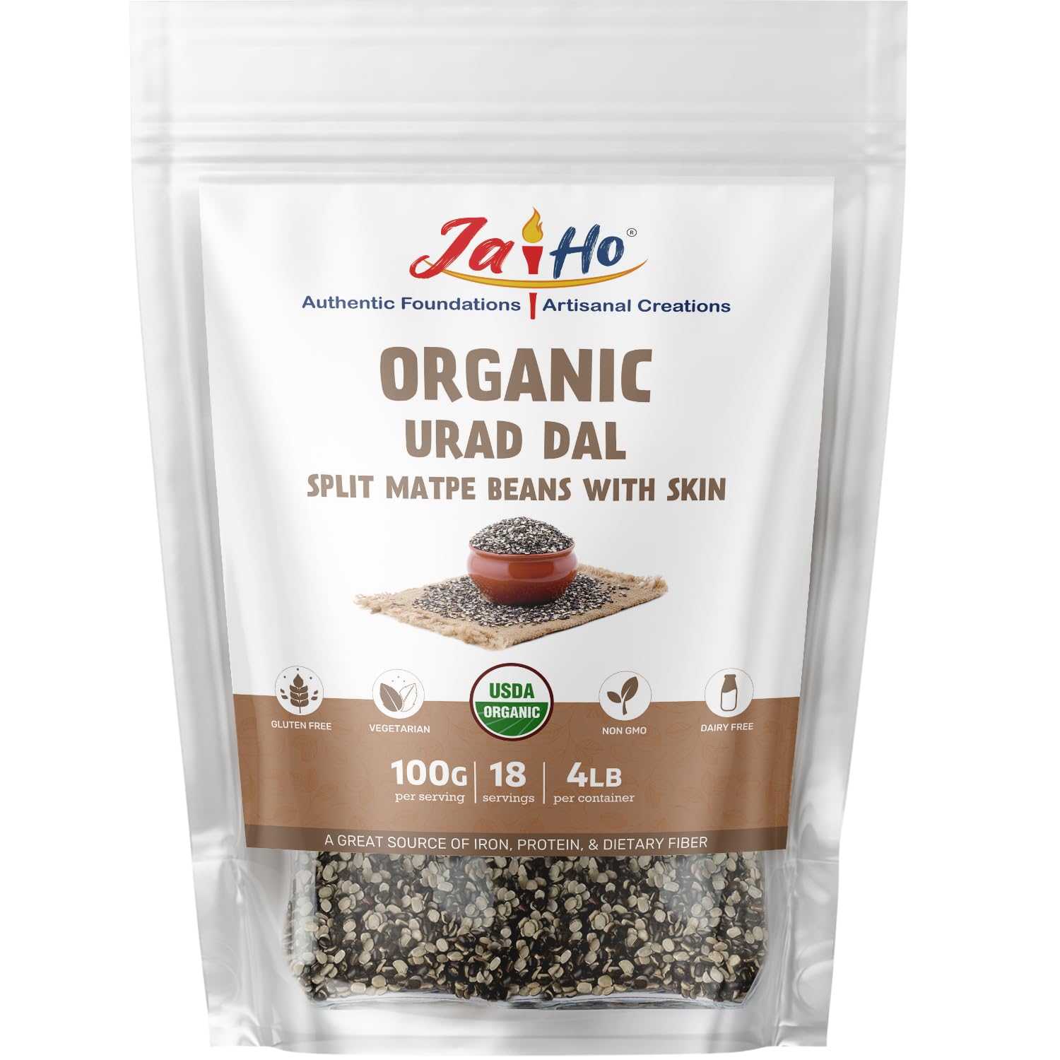 Jai Ho Certified Organic Urad Dal with Skin (Split Matpe Beans) 4 Lb - USDA Organic | Non-GMO | Chemical-Free | Premium Quality 