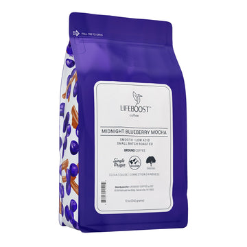 Lifeboost Midnight Blueberry Mocha Ground Coffee - Low Acid Single Origin Coffee - Non-GMO Wild Blueberry Coffee Grounds Third P