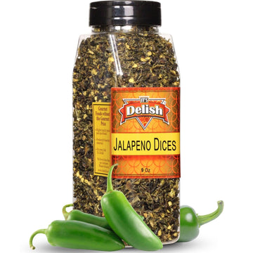 Dried Jalapeno Dices by It's Delish, 9 Oz Large Jar | Dehydrated Jalapenos | Diced Green Jalapeo Peppers for Chili and Sausage M