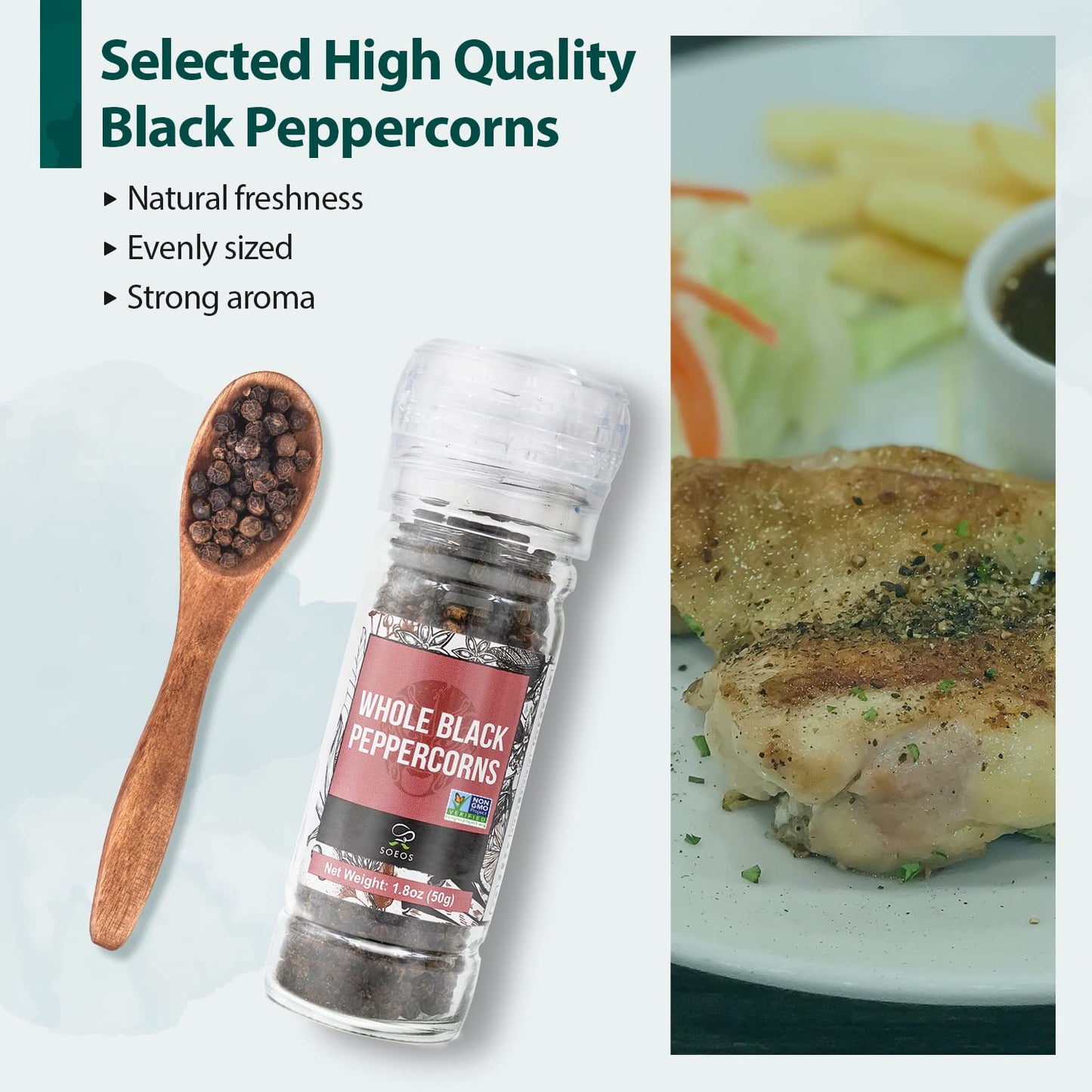 Soeos Black Peppercorns + White Sea Salt + Rainbow Peppercorns + Pink Salt, 10.6oz(300.50g) Spice Total, Glass Bottle Grinder wi