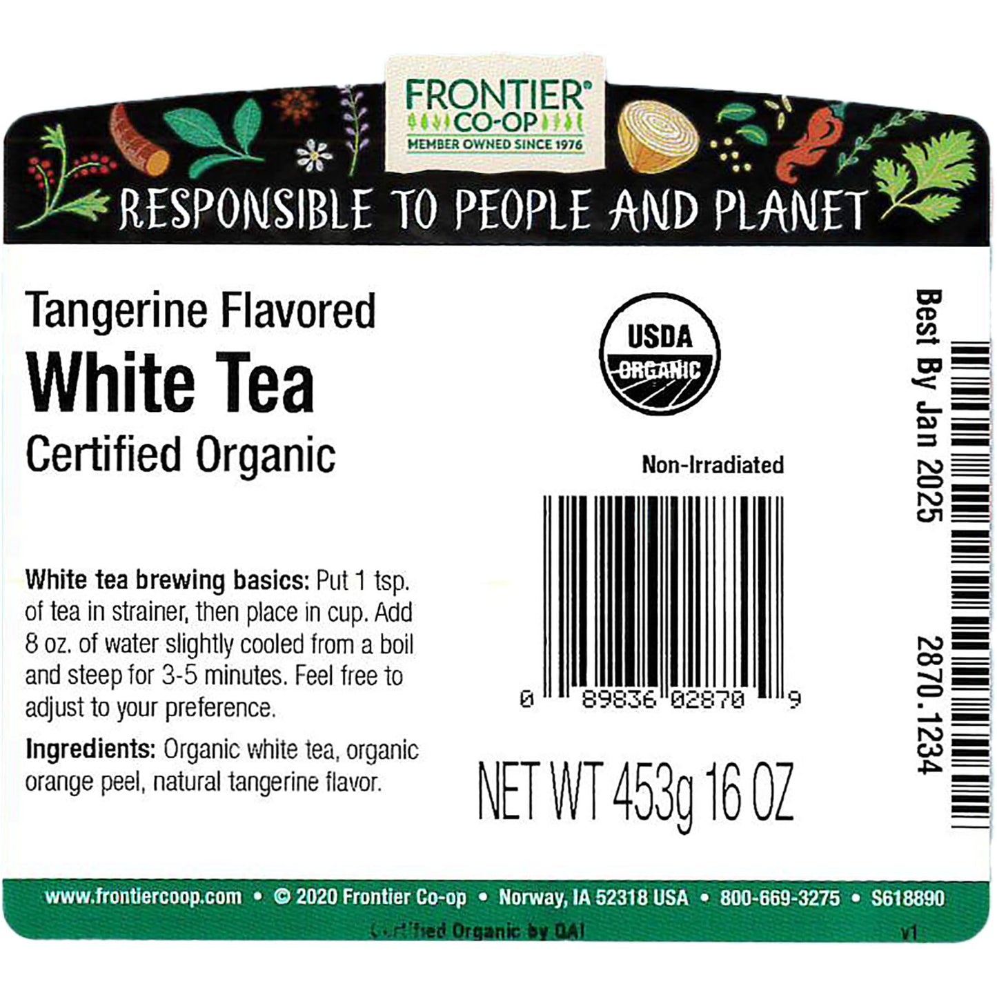 Frontier Bulk White Tea  Tangerine Flavored  Organic  1 Pound