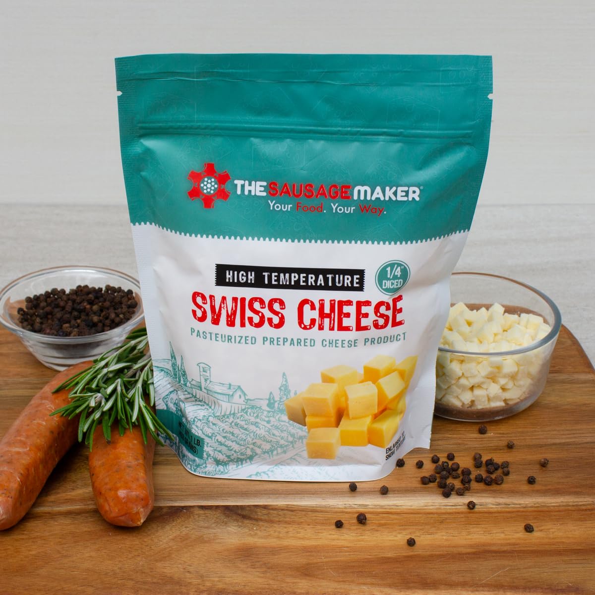 The Sausage Maker High Temp Swiss Cheese, 1 Lb, 1/4 Diced Cubes, 400°F, Ideal for Sausage Making and Grilling