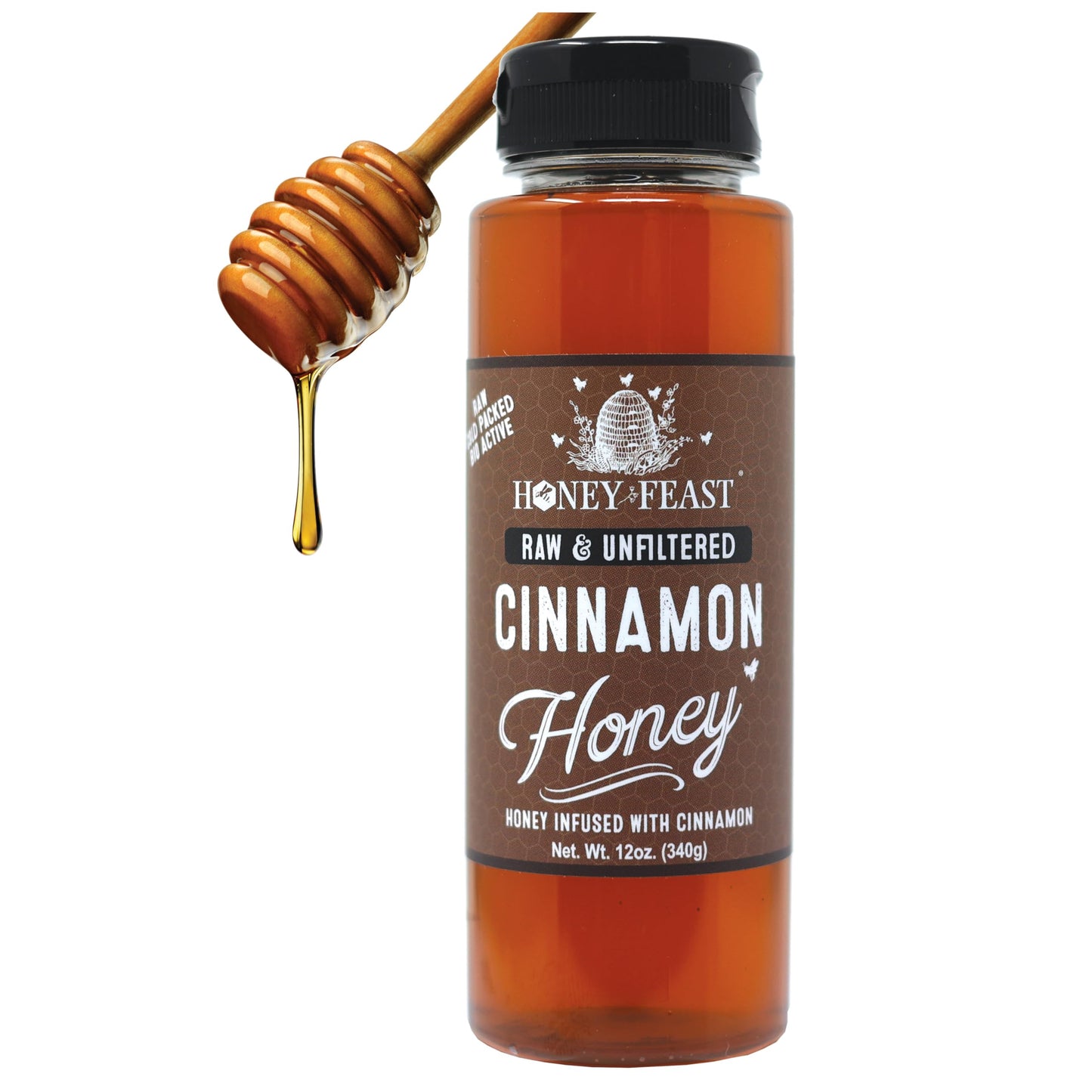 Honey Feast Organic Cinnamon Honey - Raw & Cold Packed - 12 Ounces - Small Batch Beekeeper Honey