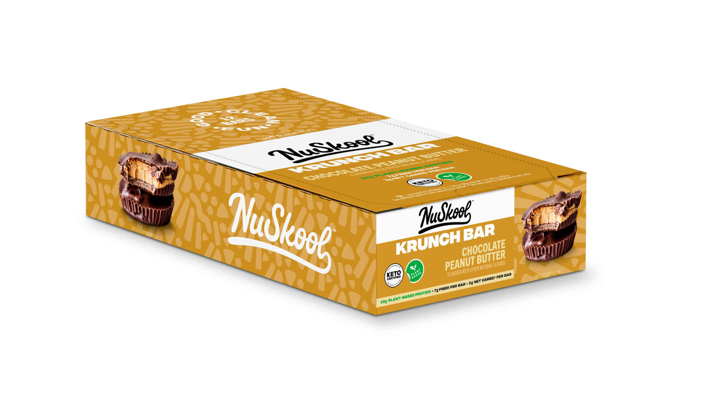 NuSkool Snacks Chocolate Peanut Butter Keto Friendly Protein Krunch Bars (12 Pack) - 7g Fiber, 10g Clean Plant-Based Protein, 3g