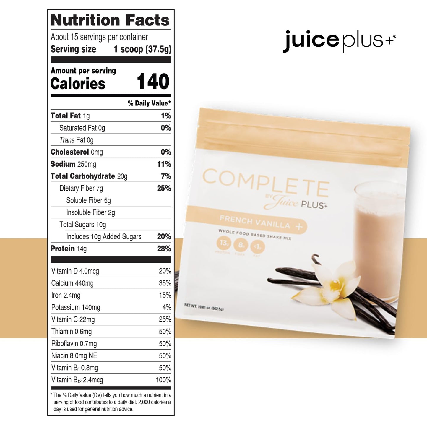 Complete by JuicePlus+ Single Serve French Vanilla Shakes - Plant-Based Nutrition - Whole Food Based Shake Powder with Protein  Fiber & Prebiotics - 30 Servings (2 Pouches  30 Servings)