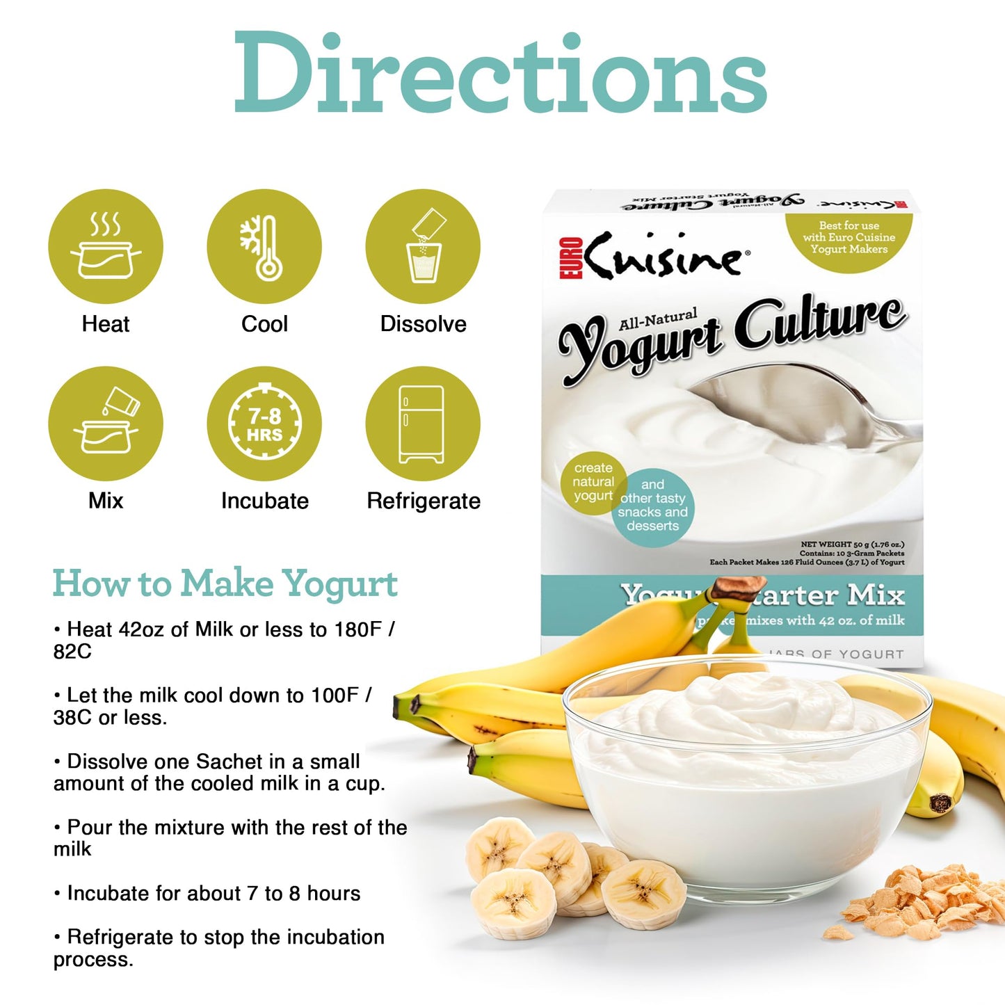 Euro Cuisine Yogurt Culture Starter - Probiotic Pouches for Creamy Homemade Yogurt - 1 Pack - White - Model RI1020