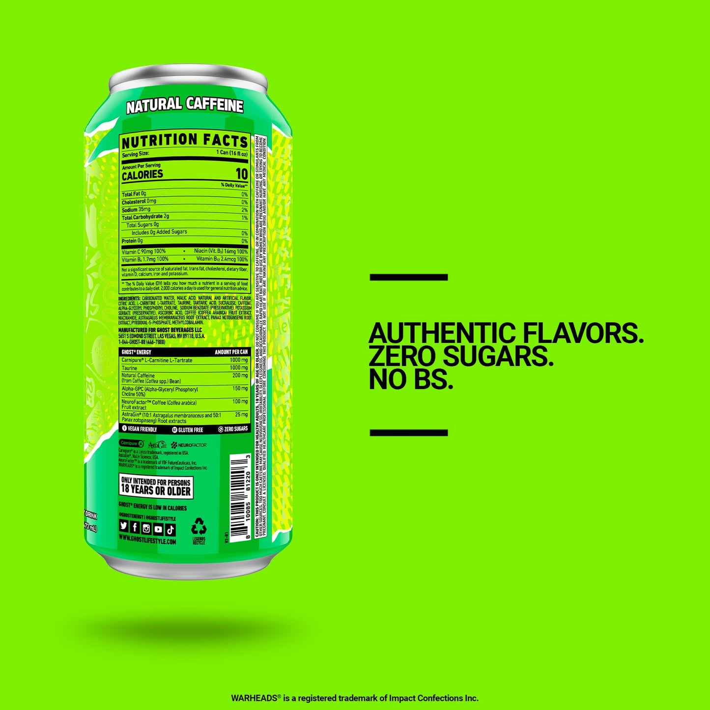 GHOST Energy Drink - 12-Pack, Warheads Sour Green Apple, 16oz, 200mg Natural Caffeine, Gluten-Free, Vegan, Model CM05171-24