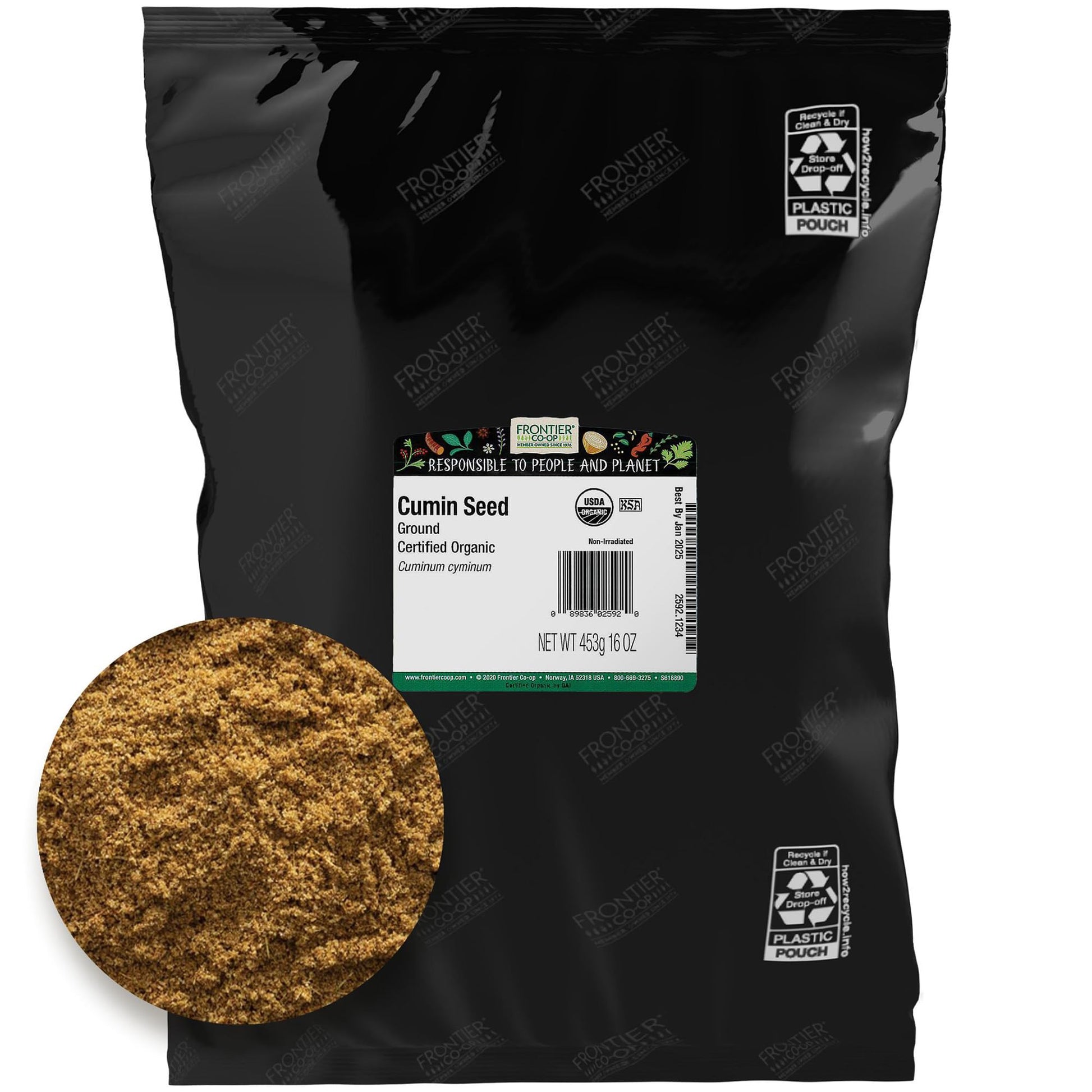 Frontier Co-op Organic Cumin Seed, 1lb Bulk Bag, Ground Cumin Seasoning - Robust Flavor - Perfect Cumin Powder for Chili, Soups, Stews, Curries & More