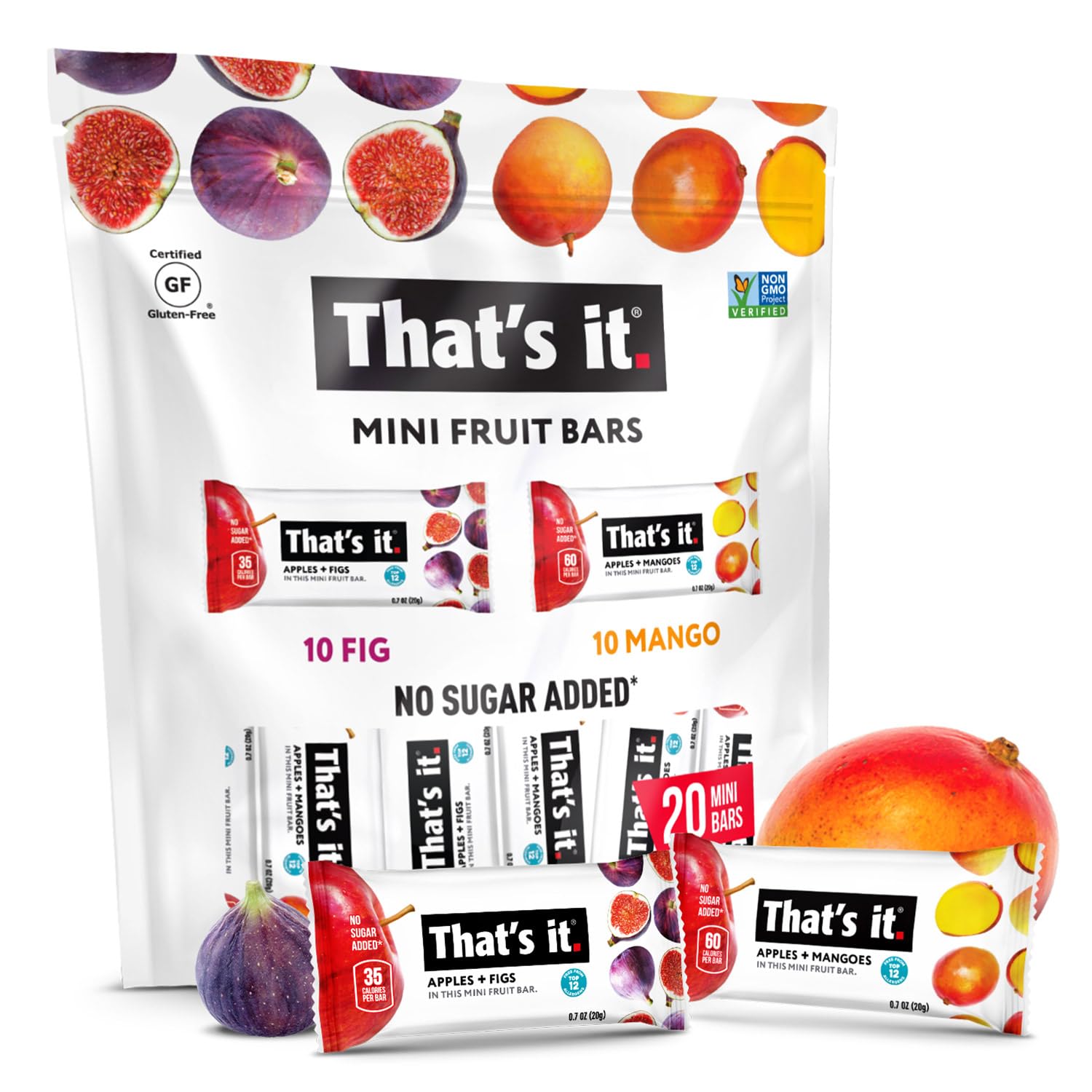 Thats It. Mini Fruit Bars Variety (20 Pack) No Sugar Added, Plant-Based, Vegan & Gluten Free, Breakfast Bar, Paleo, For Children & Mature-Themeds, Non Gmo, Fiber