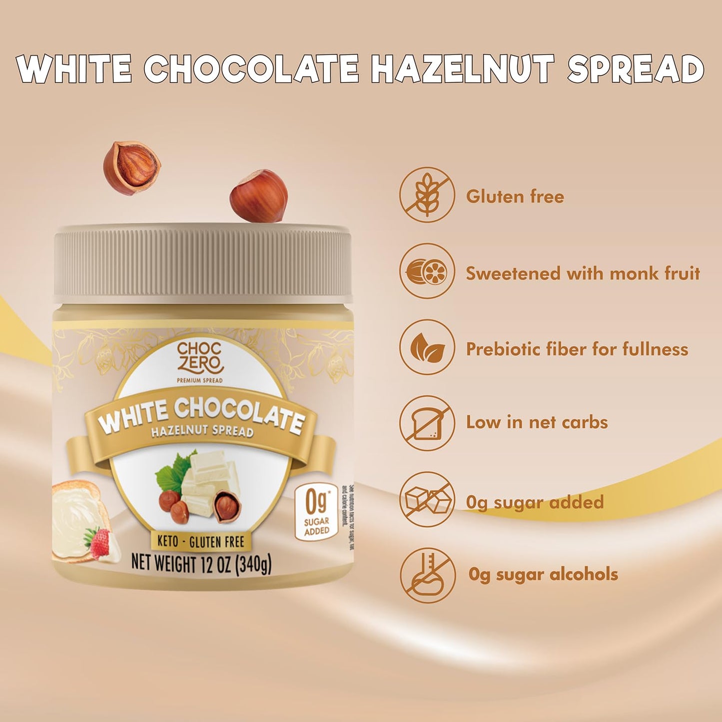 ChocZero Keto White Chocolate Hazelnut Spread, No Sugar Added, 12 oz, Keto Friendly, Low Carb Dessert