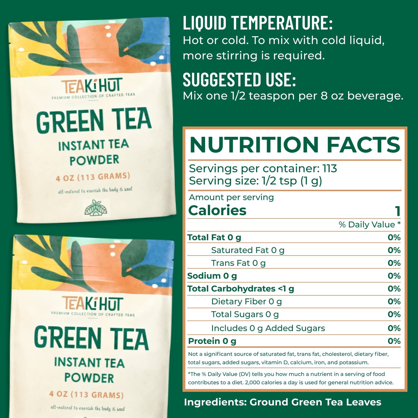 TEAki Hut Instant Green Tea Powder 100% Pure, 4 Ounce (200 Servings)