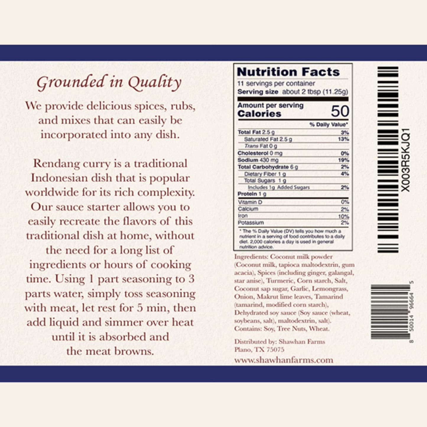 Shawhan Farms Rendang Curry Dry Sauce Mix - Non-GMO, Dairy Free, 4.5 Ounce Jar