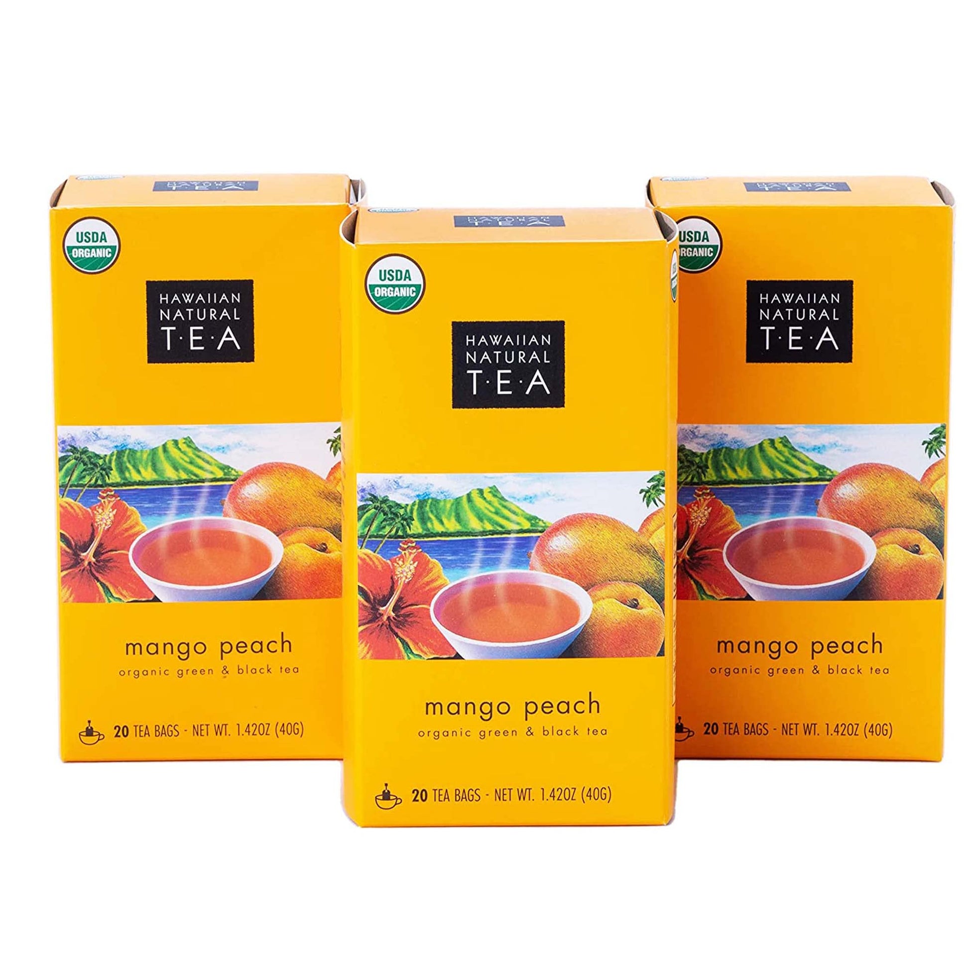 HAWAIIAN NATURAL T·E·A Mango Peach Organic Tea - Tropical Fruit Green & Black Tea Blend - 60 Tea Bags - 20 Count (Pack of 3)