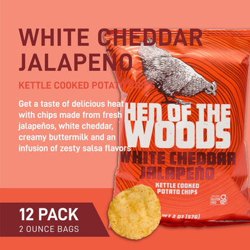 Hen Of The Woods Kettle Cooked Potato Chips, White Cheddar Jalapeno Flavor, 2 Ounce Bag, 12-Pack