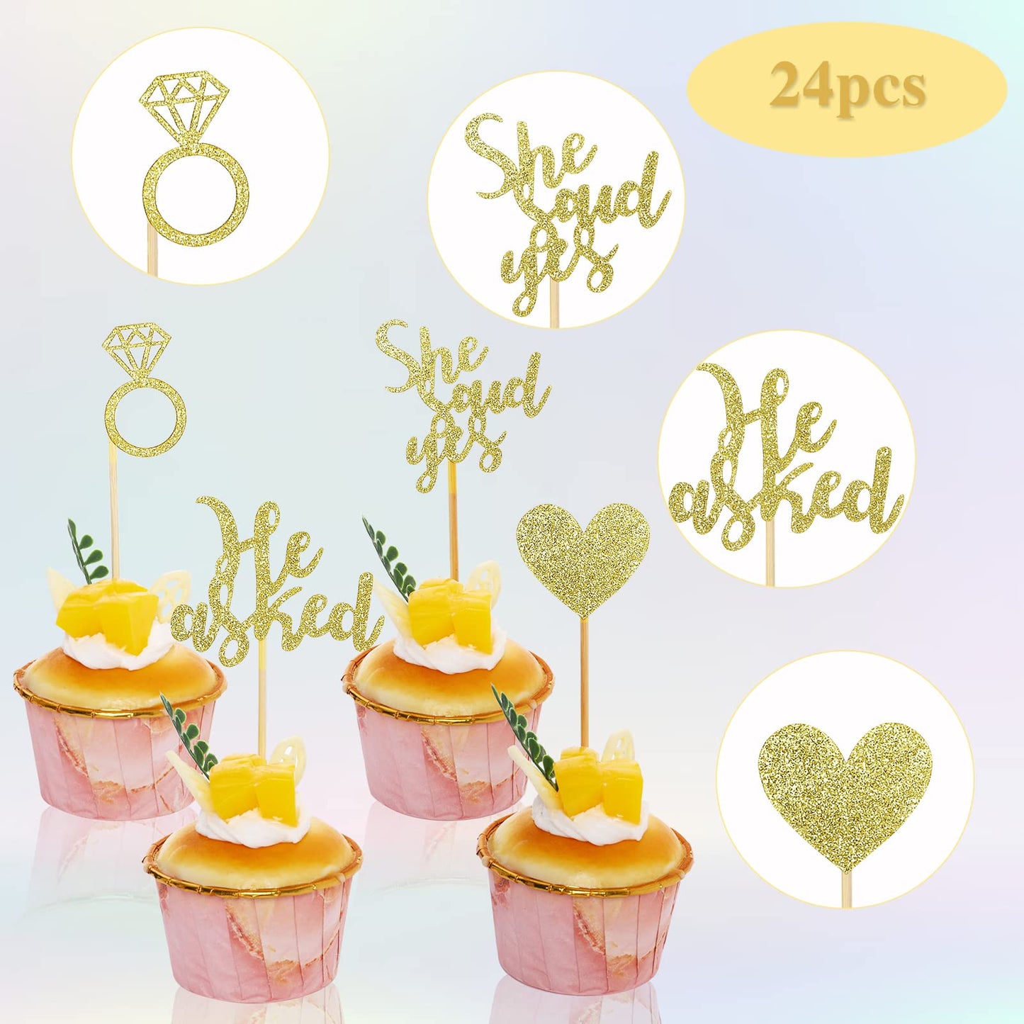 24 Pcs He Asked She Said Yes Cake Topper Gold Cupcake Toppers Heart Diamond Ring Cupcake Picks Glitter Cupcake Decorations For W