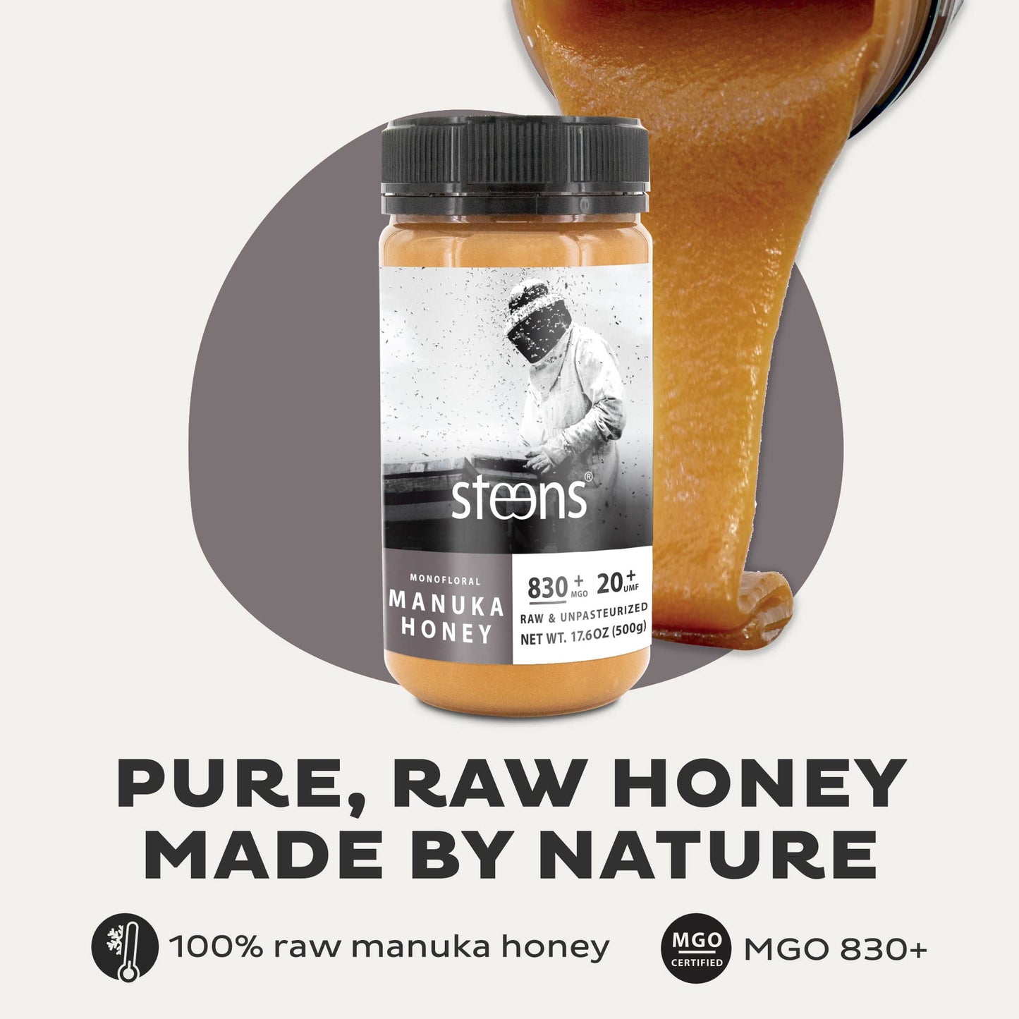 Steens Manuka Honey - MGO 830+ - Pure & Raw 100% Certified UMF 20+ Manuka Honey - Bottled and Sealed in New Zealand - 17.6 oz Ja