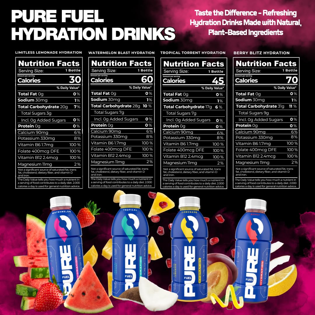 Pure Fuel Hydration Drinks - 12pk x 16.9 fl oz - Limitless Lemonade, Berry Blitz, Tropical Torrent, Watermelon Blast - Plant Based Sports Drinks