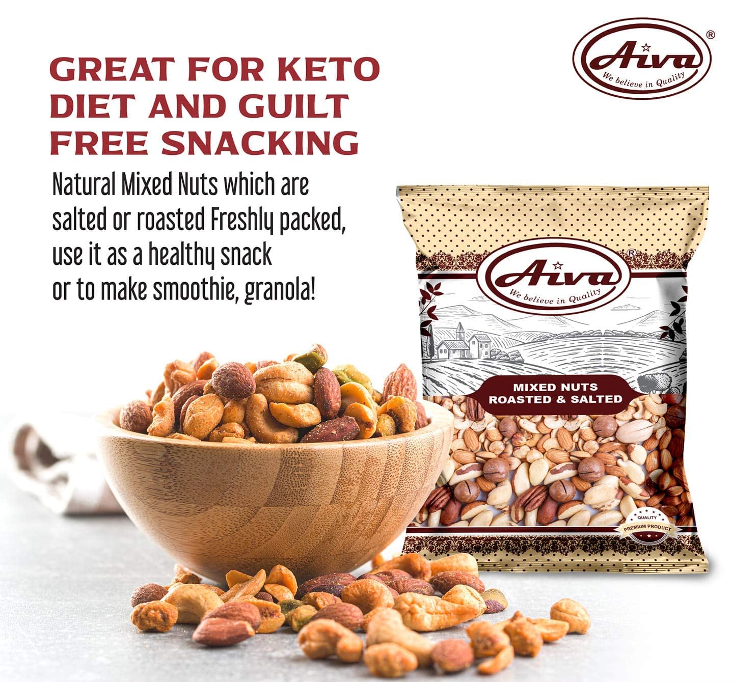 Aiva Roasted & Salted Mixed Nuts Bulk - 2 Lb | Macadamia, Almonds, Cashews, Brazil Nuts, Peanuts & Pistachios