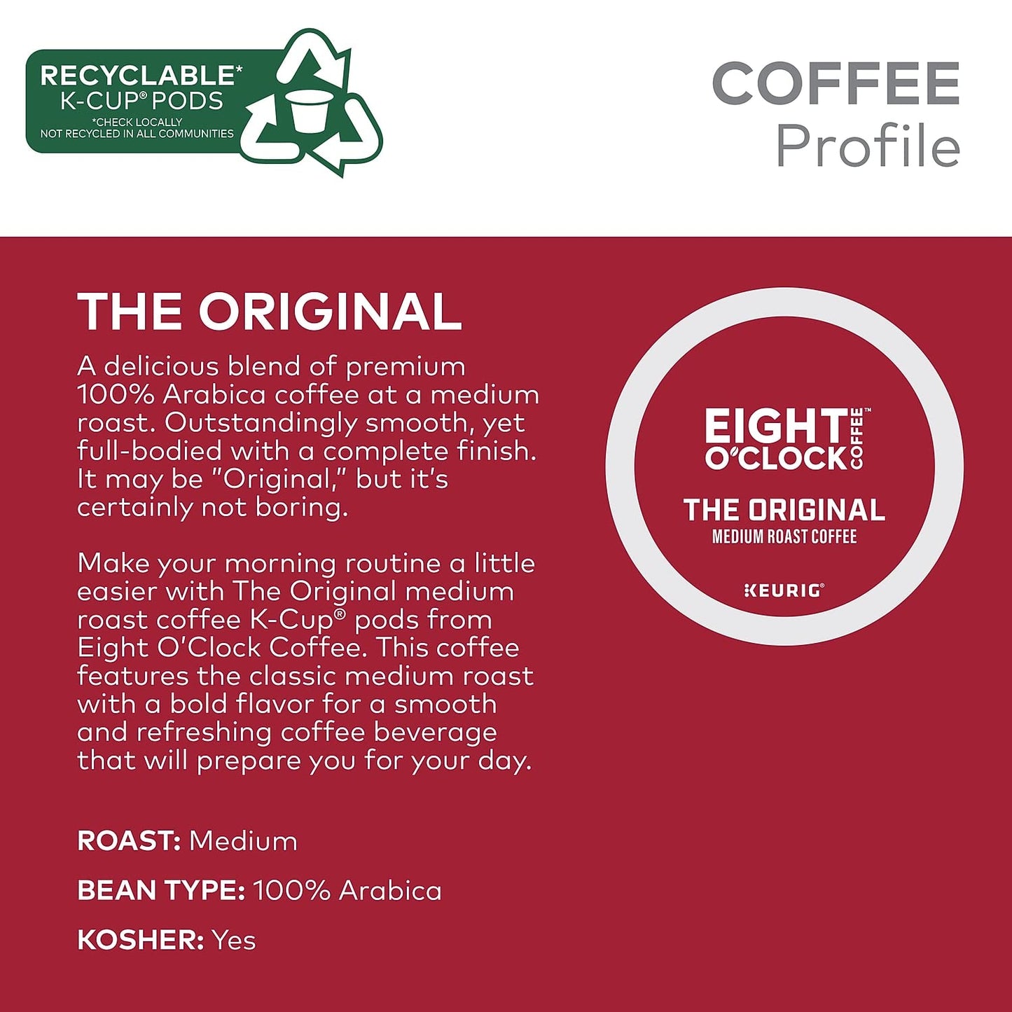 Eight O'Clock Original Coffee Keurig K-Cup Pods, Medium Roast, 96/Carton (64053)