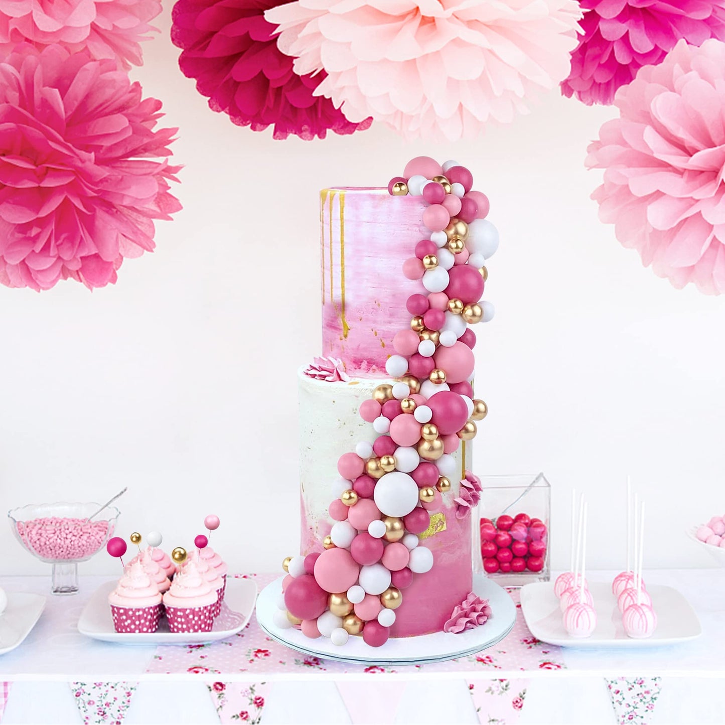 RASSLISA Foam Ball Cake Toppers, 113 PCS, 5 Sizes, Gold Pink White Hot Pink, Perfect for Birthdays, Baby Showers, and Weddings