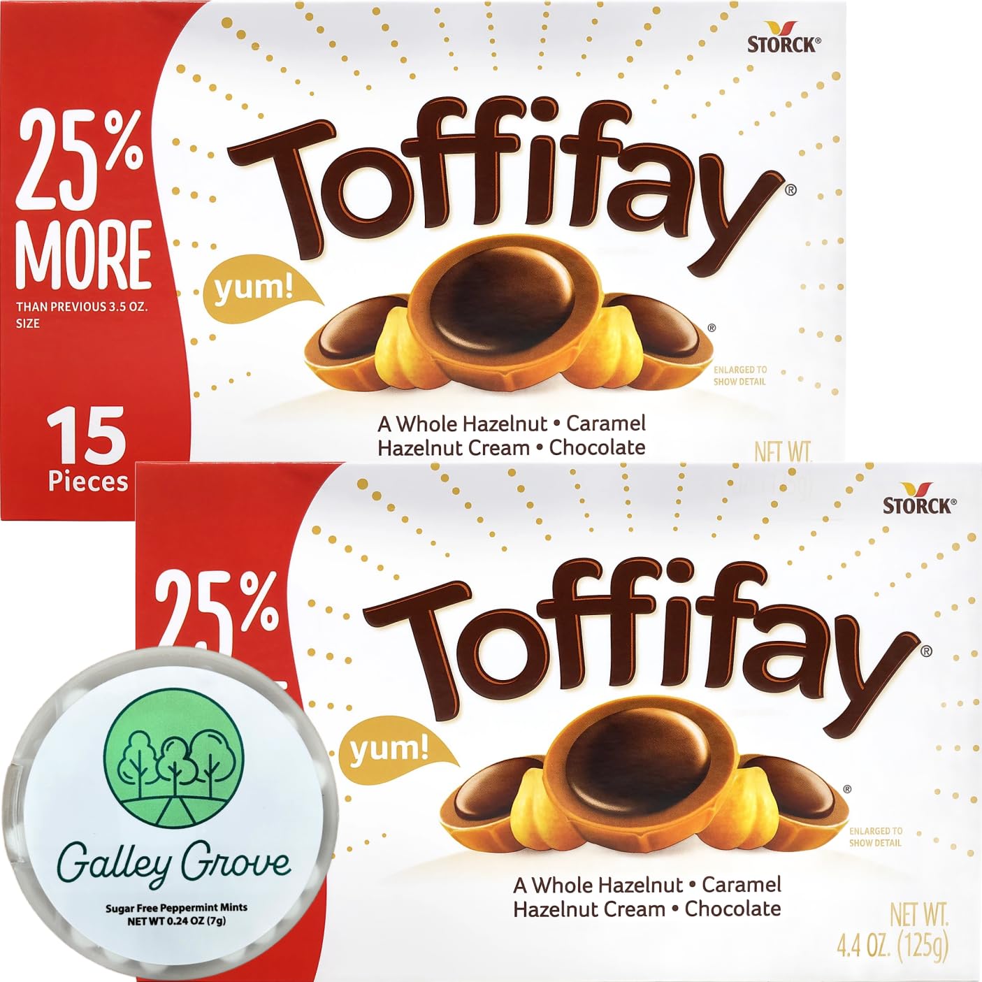 Toffifay Candy - Caramel, Chocolate and Hazelnut 4.4 oz (2-PACK) - 30 Total Pieces, Bundle With Galley Grove Sugar-Free Peppermi