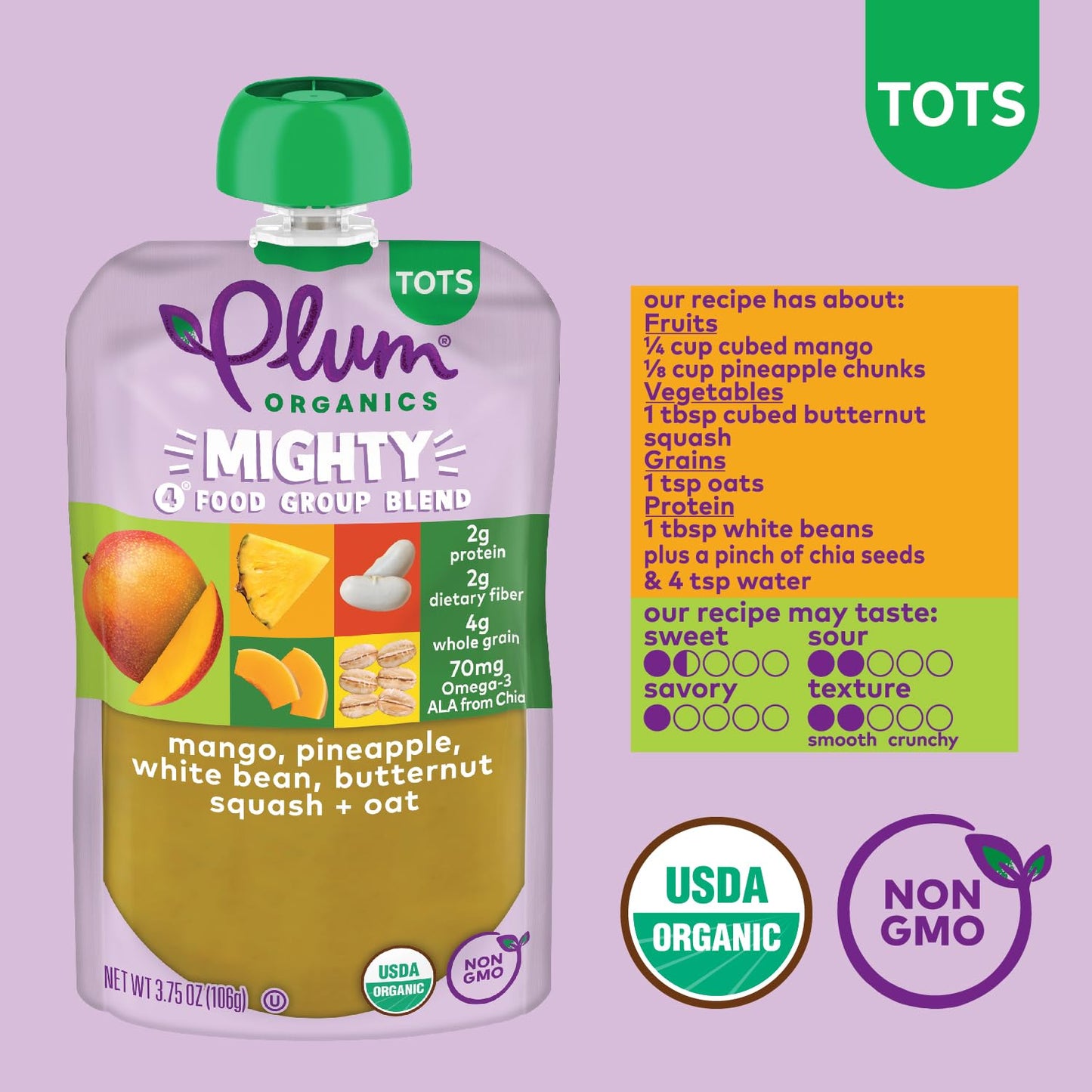 Plum Organics Mighty 4 Organic Toddler Food - Mango, Pineapple, White Bean, Butternut Squash, And Oat - 3.75 Oz Pouch (Pack Of 1