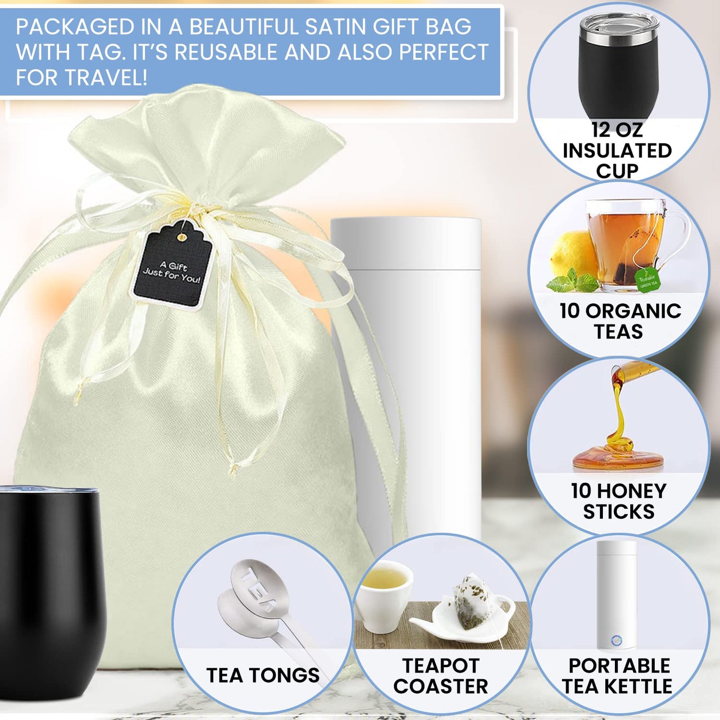 What-a-Surprize Organic Tea Gift Set - 25 Piece Tea Lovers Basket with Portable Kettle - White Kettle - Satin Color