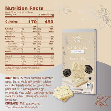 Choczero Cookies & Cream Keto Bark, White Chocolate Candy Bar, Gluten Free, Low Carb, No Added Sugar, 3.2 Ounce (Pack Of 4)