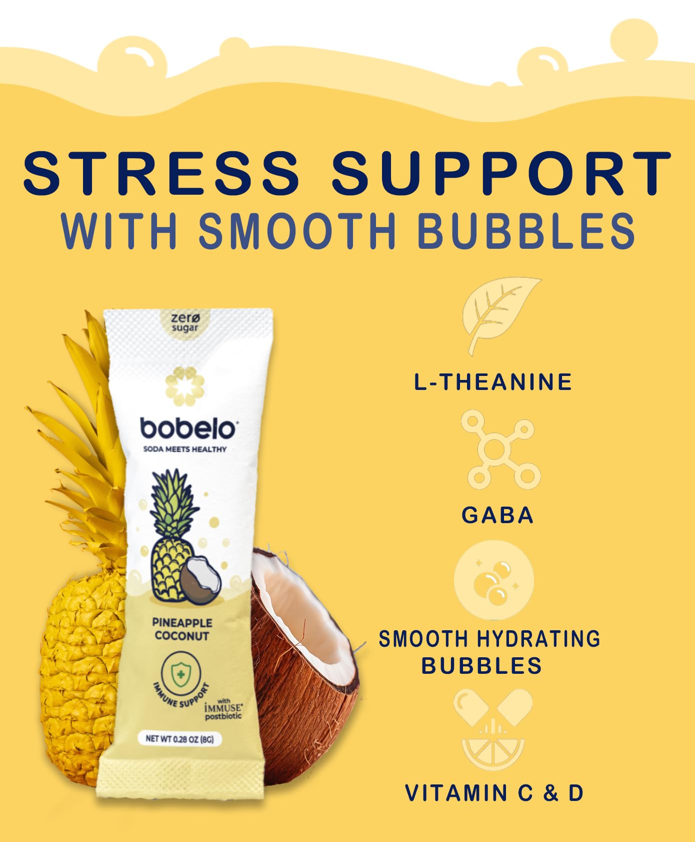 Bobelo Self-Carbonating Hydration Packets, Electrolyte Drink Mix, Sugar Free, Pineapple Coconut, 15 Count