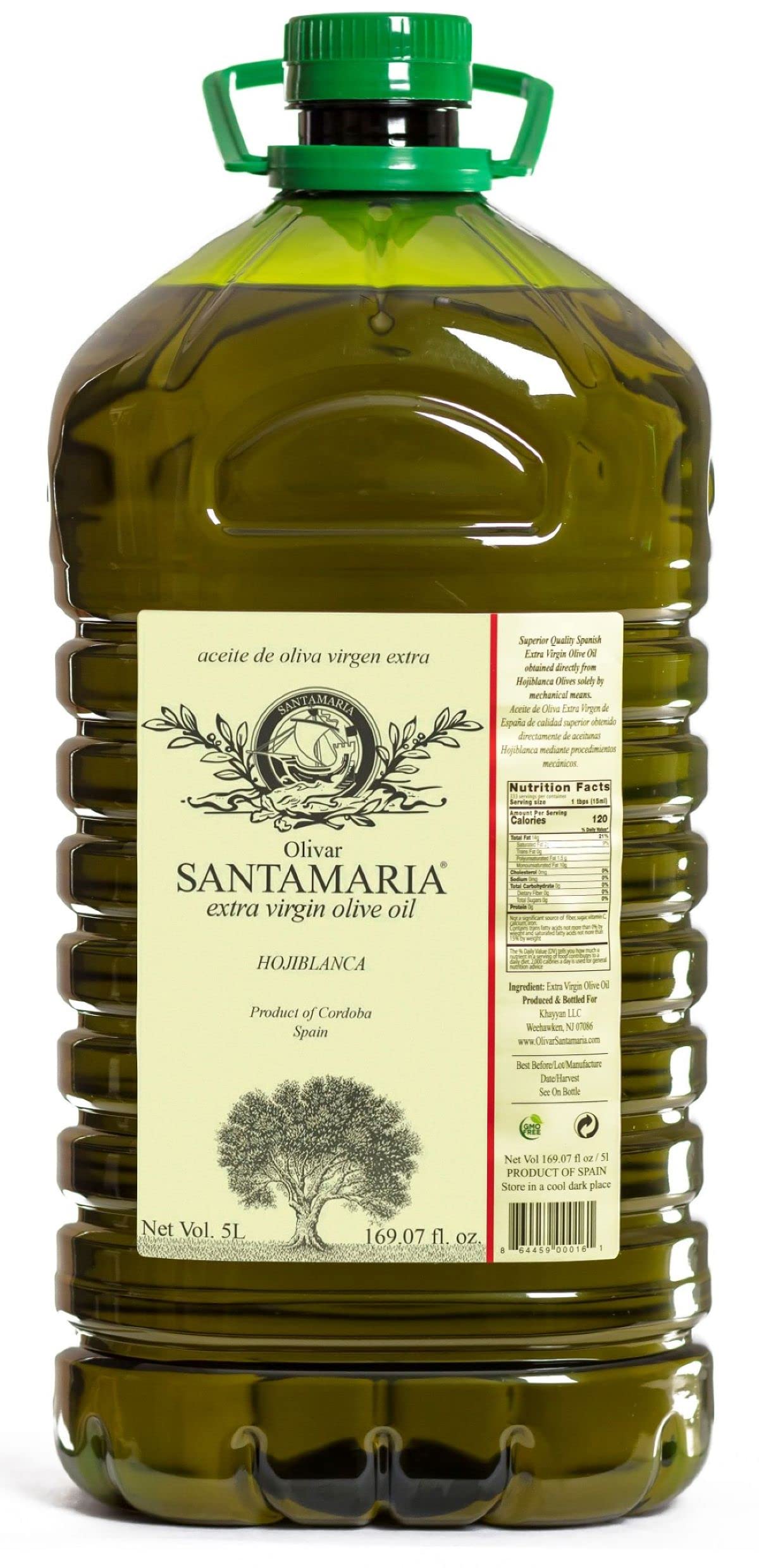 Olivar Santamaria Extra Virgin Olive Oil - Hojiblanca - First Cold Pressed - 169.07 Fl Oz (5 Liter) - Green