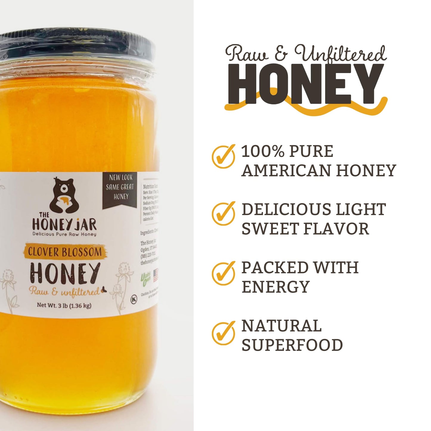 The Honey Jar Raw Clover Honey, Unfiltered & Unpasteurized, 48oz Jar